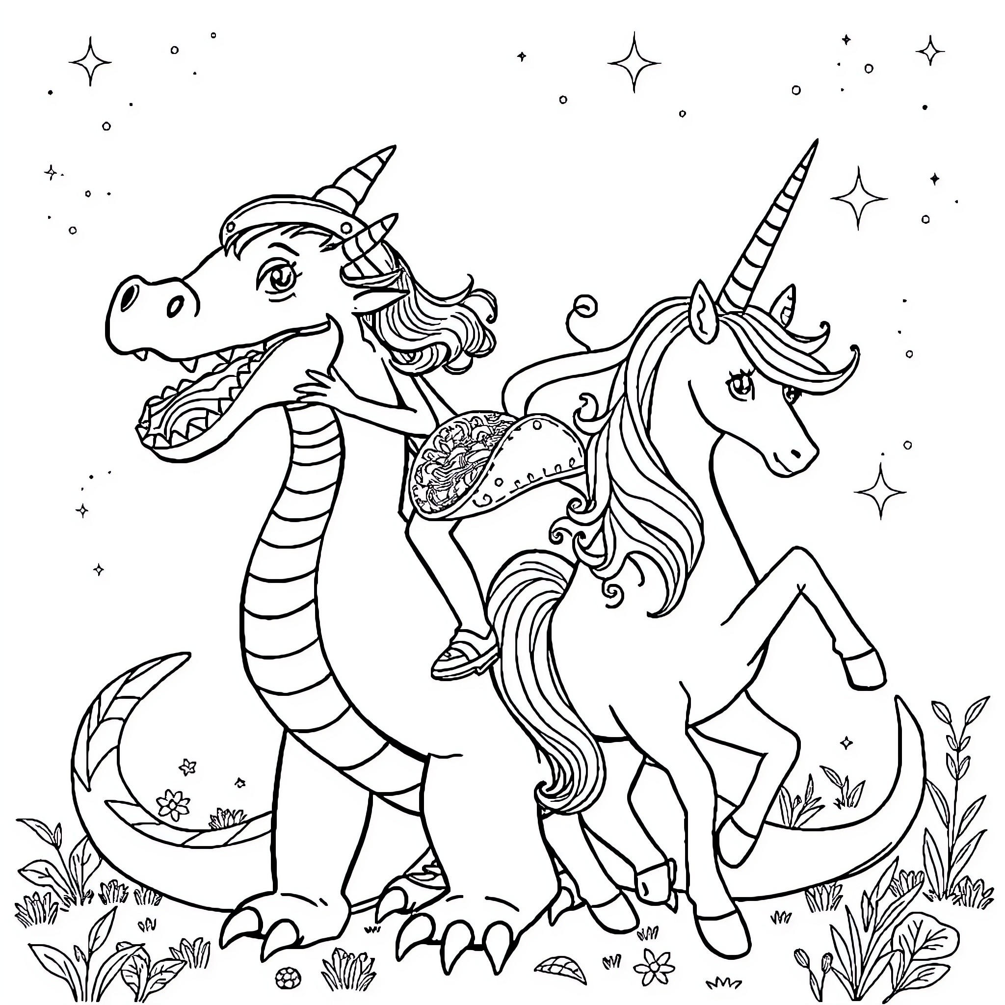 Girl playing with magical unicorns and dragons in a fantasy scene Coloring Page (free black-and-white line drawing printable PDF for all, from beginners to advanced learners, including children, teens, adults, and seniors)