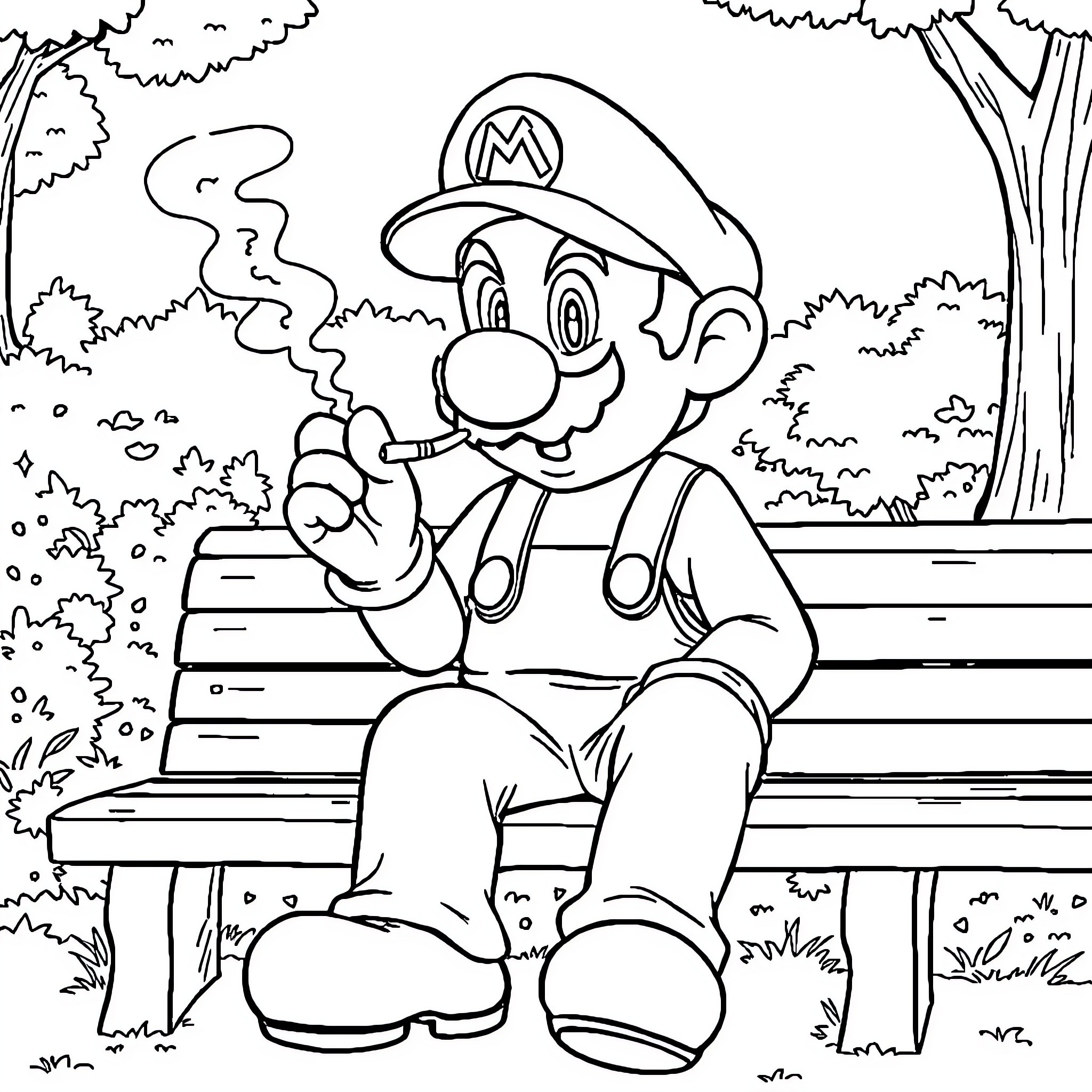 Mario relaxing on a bench in the park Coloring Page (free black-and-white line drawing printable PDF for all, from beginners to advanced learners, including children, teens, adults, and seniors)
