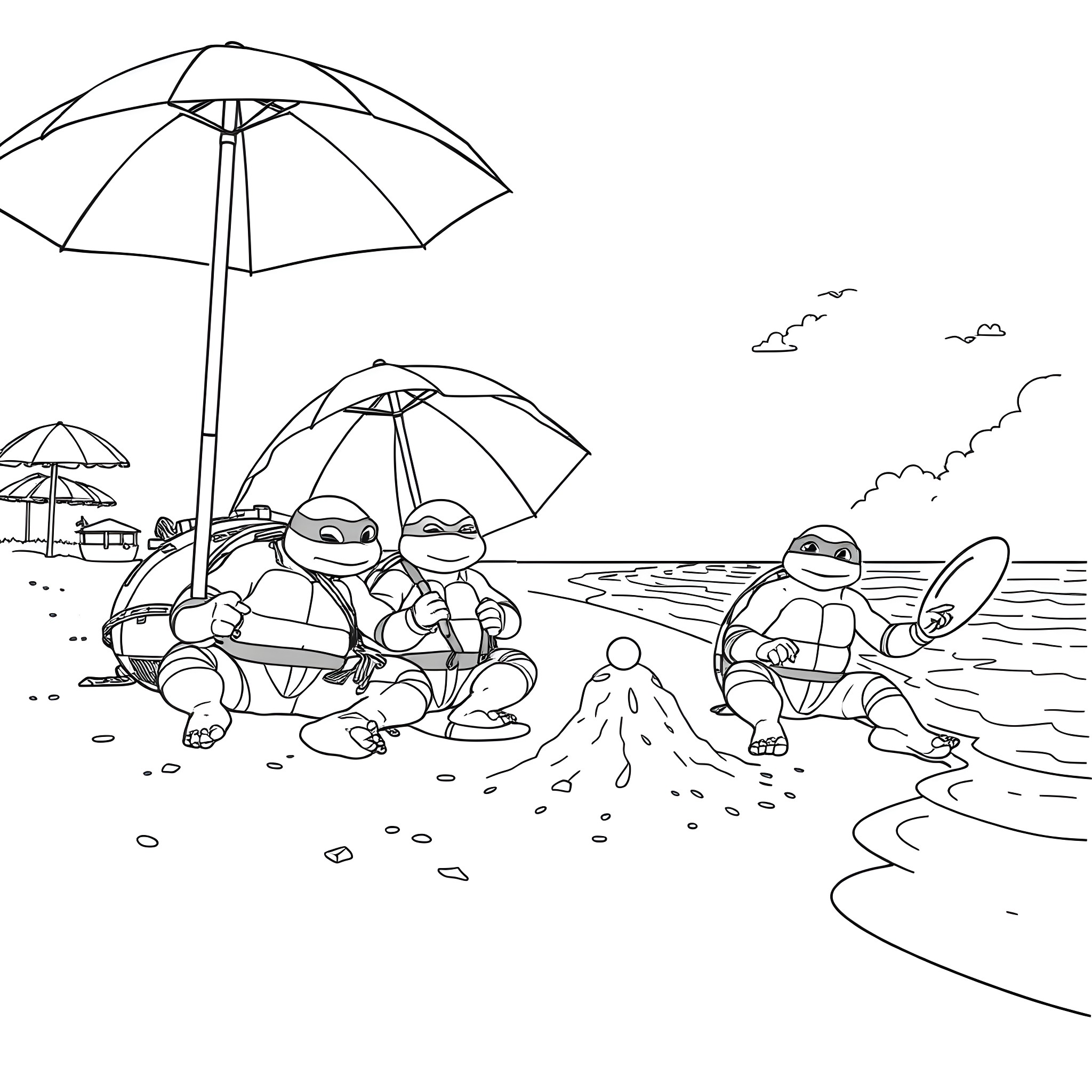Teenage Mutant Ninja Turtles enjoying a day at the beach Coloring Page (free black-and-white line drawing printable PDF for all, from beginners to advanced learners, including children, teens, adults, and seniors)