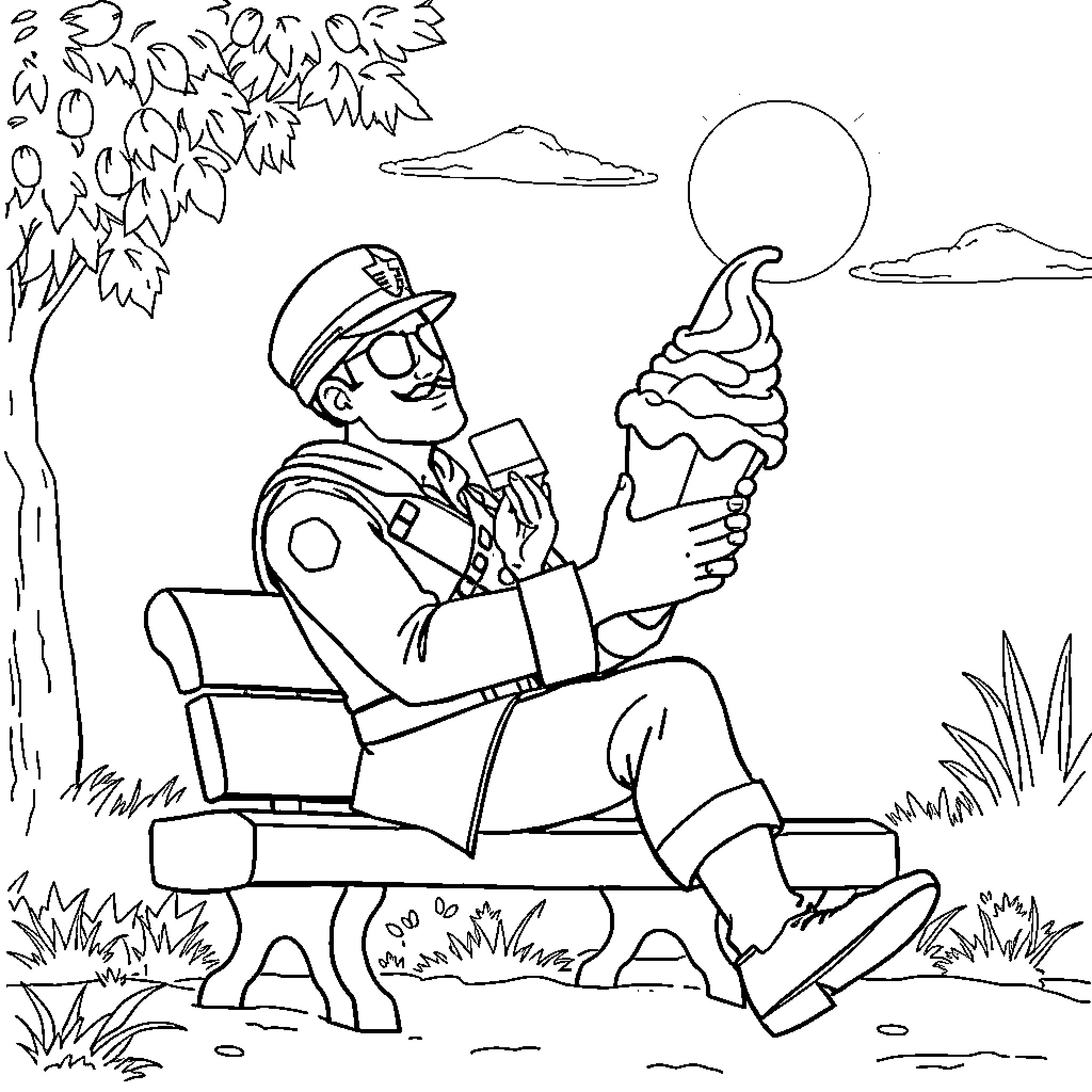 Captain America Relaxing with an Ice Cream Cone Coloring Page (free black-and-white line drawing printable PDF for all, from beginners to advanced learners, including children, teens, adults, and seniors)