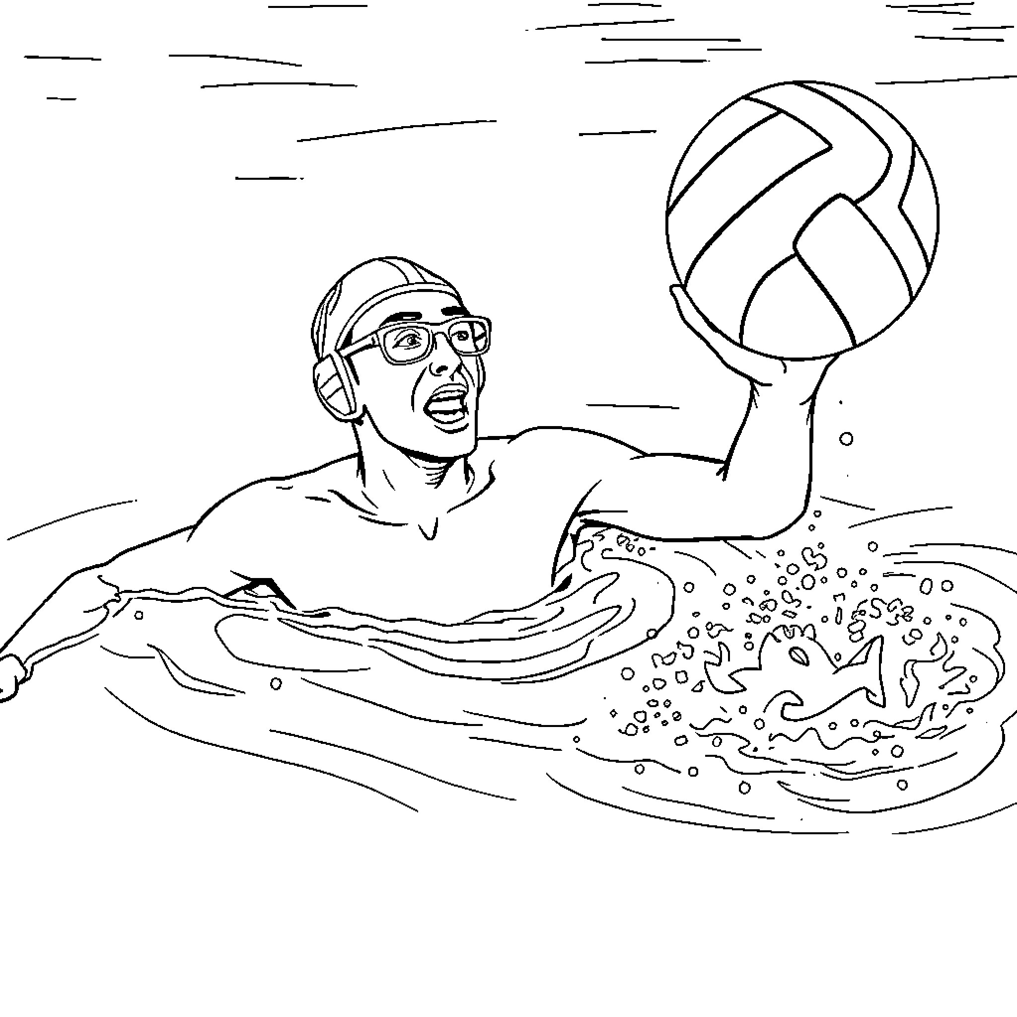 Water Polo Player in Action with Ball Coloring Page (free black-and-white line drawing printable PDF for all, from beginners to advanced learners, including children, teens, adults, and seniors)