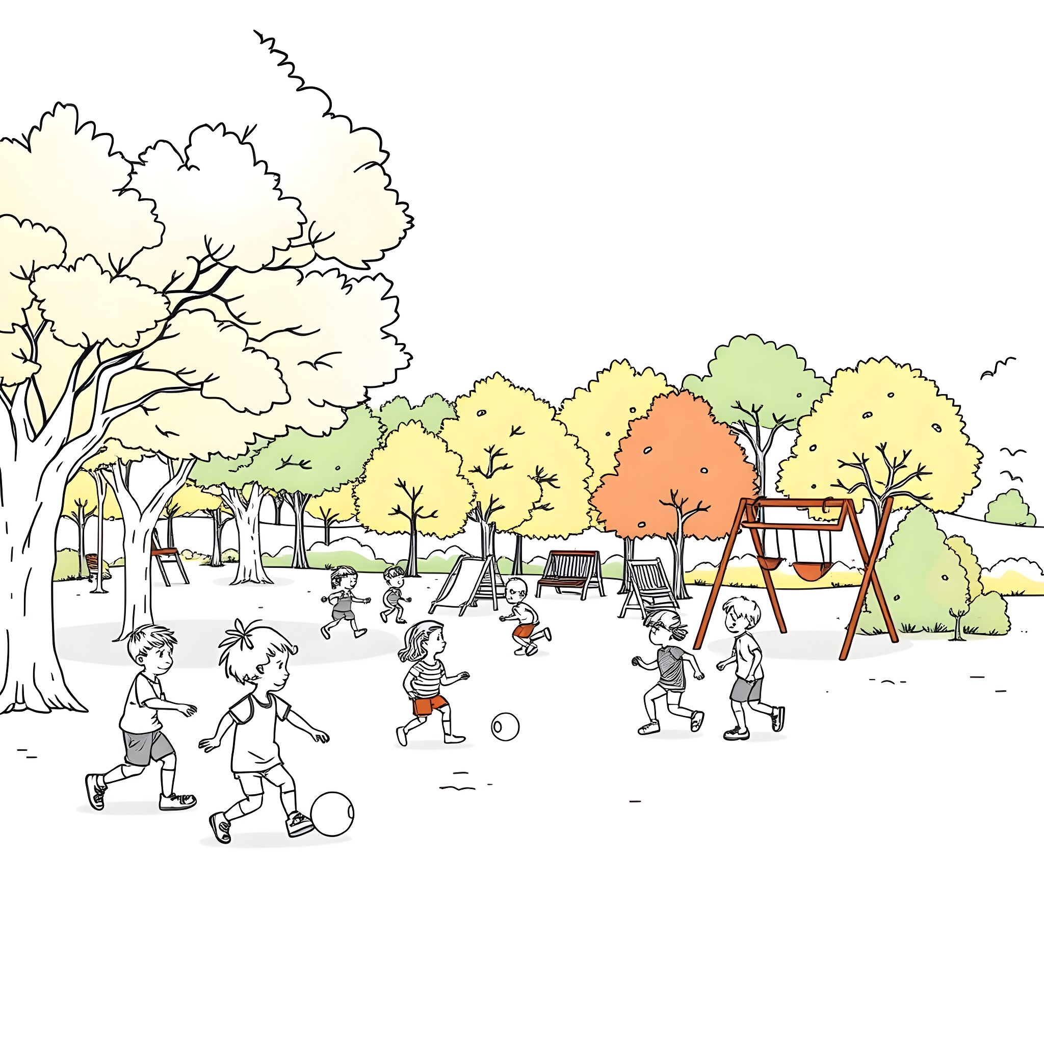 Kid playing at the colorful playground Coloring Page (free black-and-white line drawing printable PDF for all, from beginners to advanced learners, including children, teens, adults, and seniors)