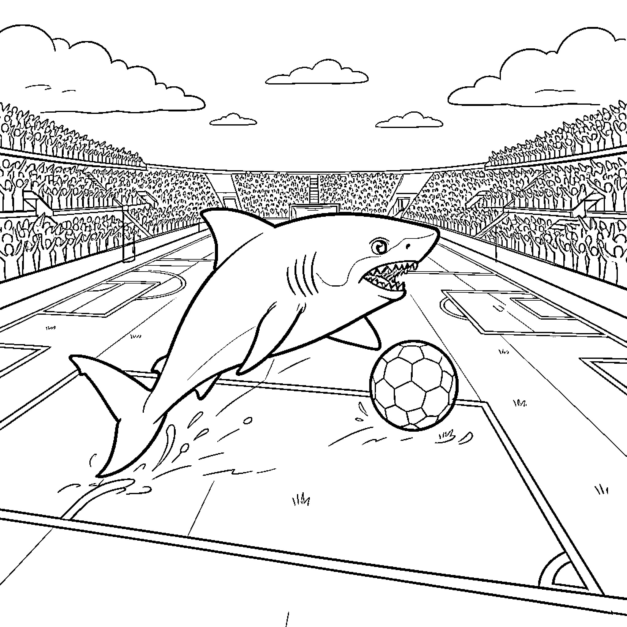 Shark playing soccer in a stadium Coloring Page (free black-and-white line drawing printable PDF for all, from beginners to advanced learners, including children, teens, adults, and seniors)
