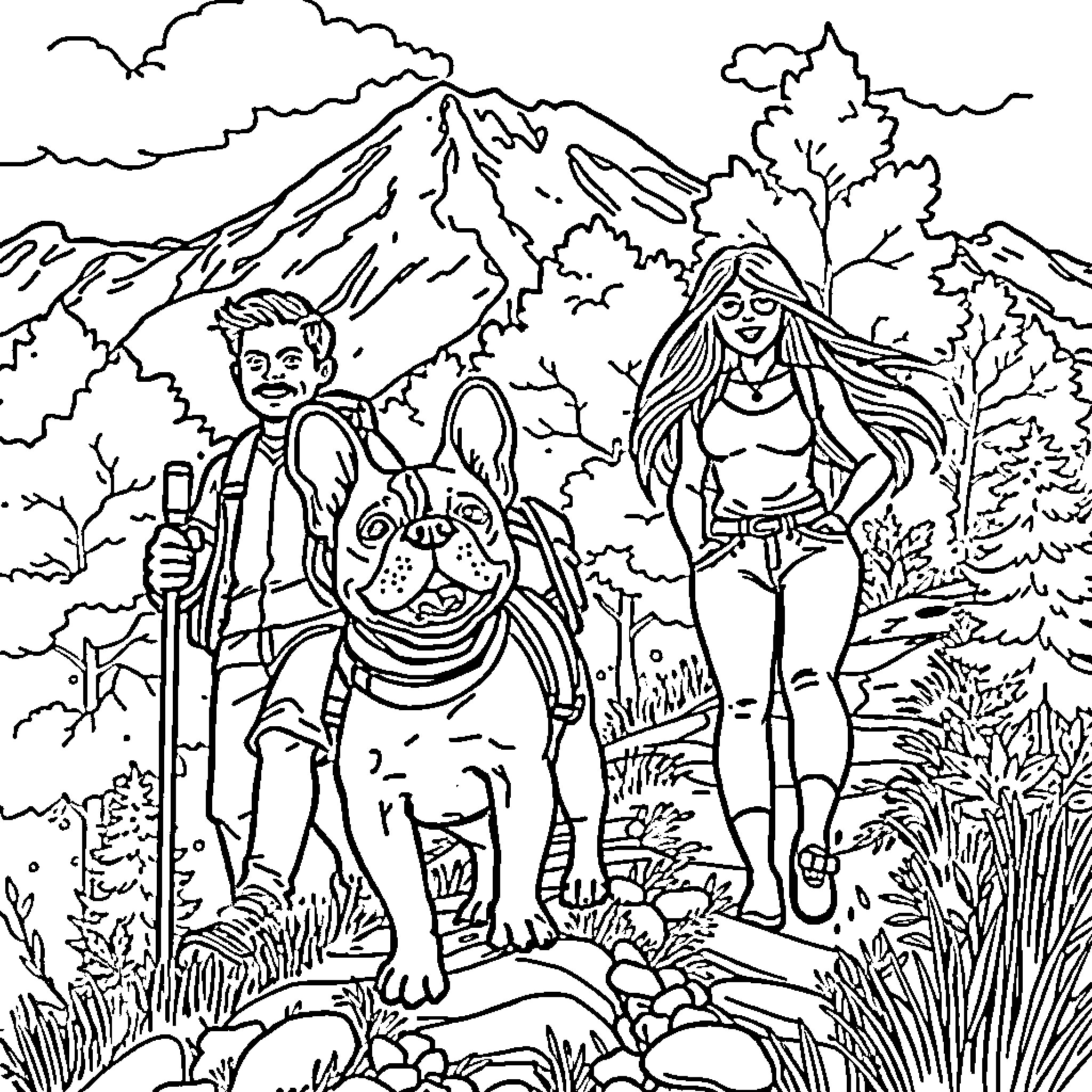French Bulldog Hiking with Adventurous Companions Coloring Page (free black-and-white line drawing printable PDF for all, from beginners to advanced learners, including children, teens, adults, and seniors)