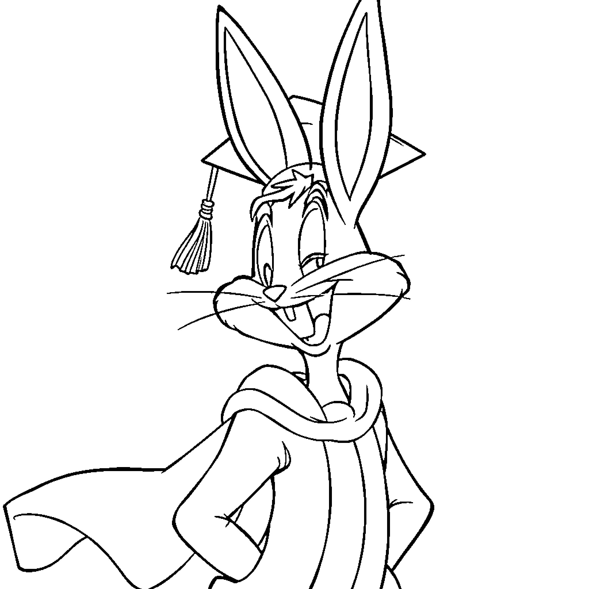 Bugs Bunny wearing graduation cap Coloring Page (free black-and-white line drawing printable PDF for all, from beginners to advanced learners, including children, teens, adults, and seniors)