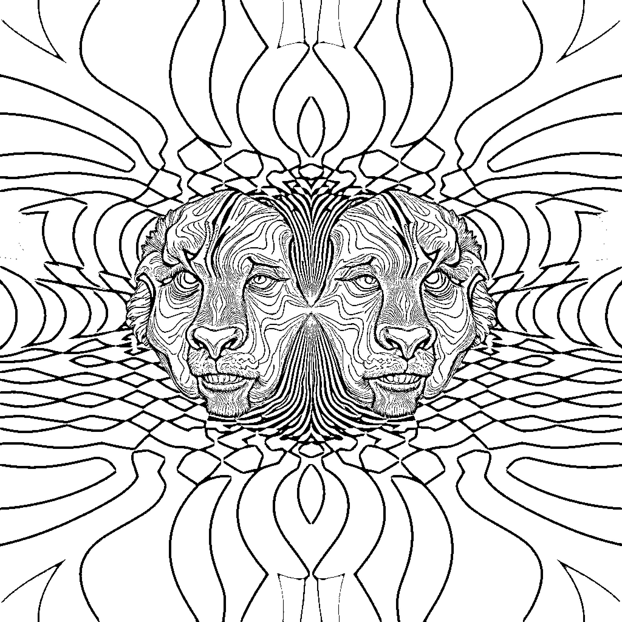 Optical Illusion of Interlocking Faces Coloring Page (free black-and-white line drawing printable PDF for all, from beginners to advanced learners, including children, teens, adults, and seniors)