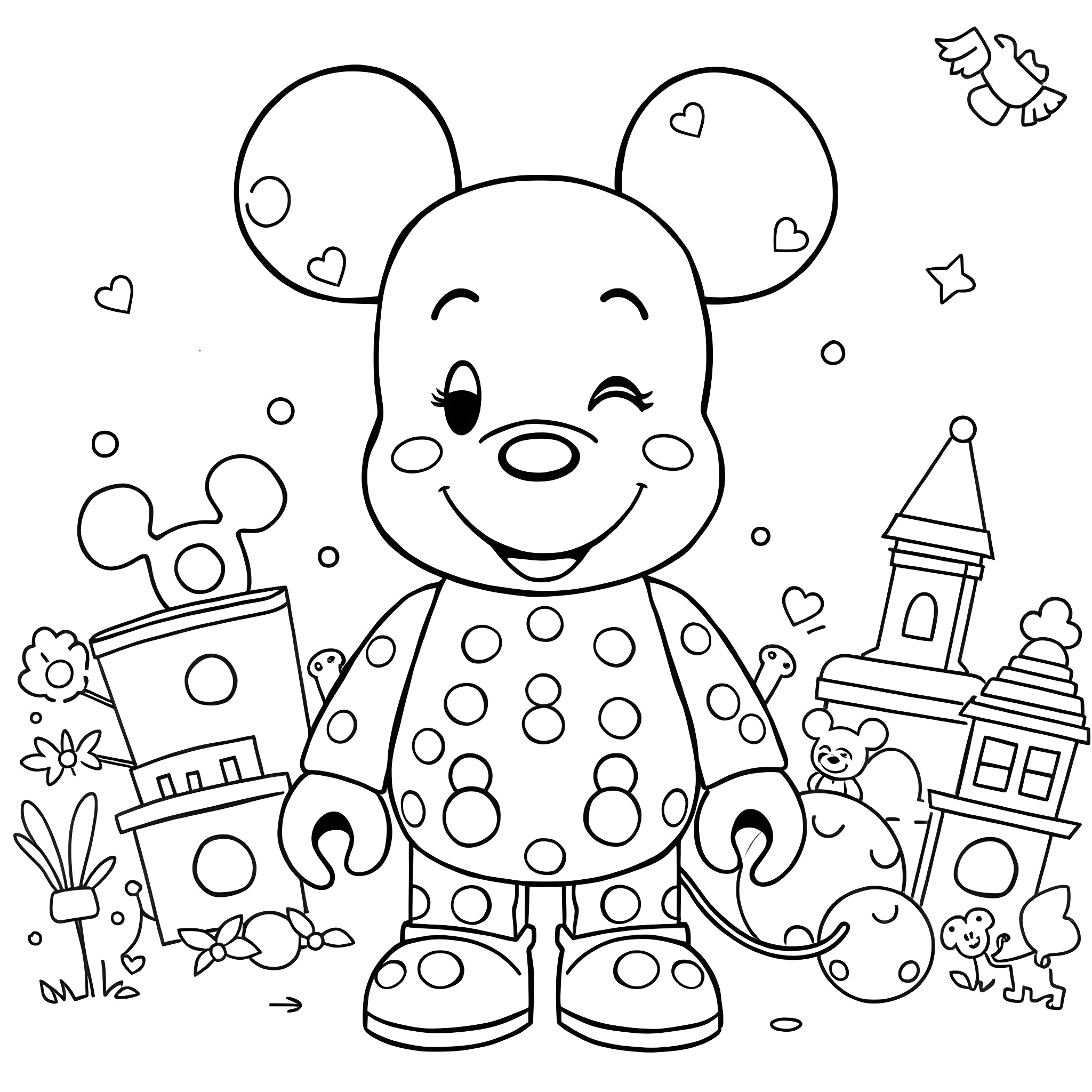 Mickey Mouse playing with toys and castle Coloring Page (free black-and-white line drawing printable PDF for all, from beginners to advanced learners, including children, teens, adults, and seniors)