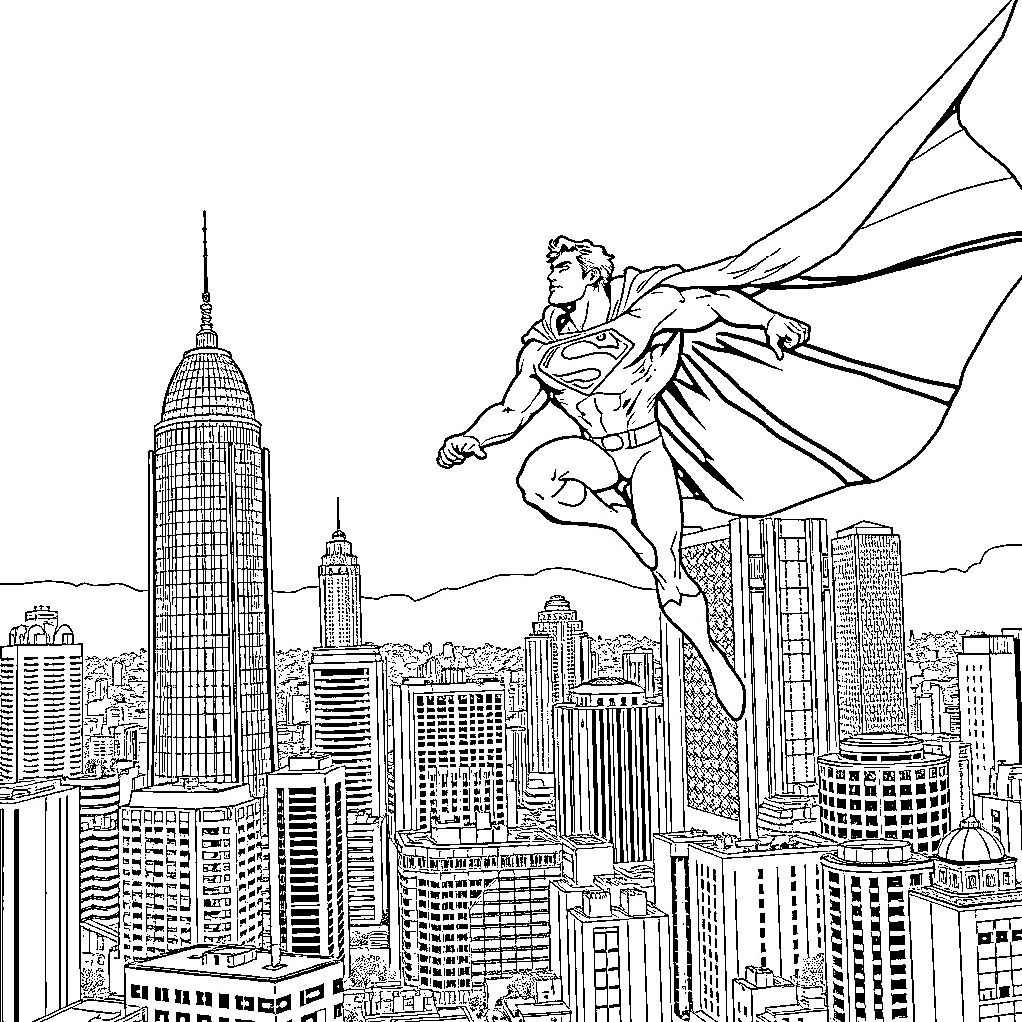 Superman soaring over a city skyline Coloring Page (free black-and-white line drawing printable PDF for all, from beginners to advanced learners, including children, teens, adults, and seniors)