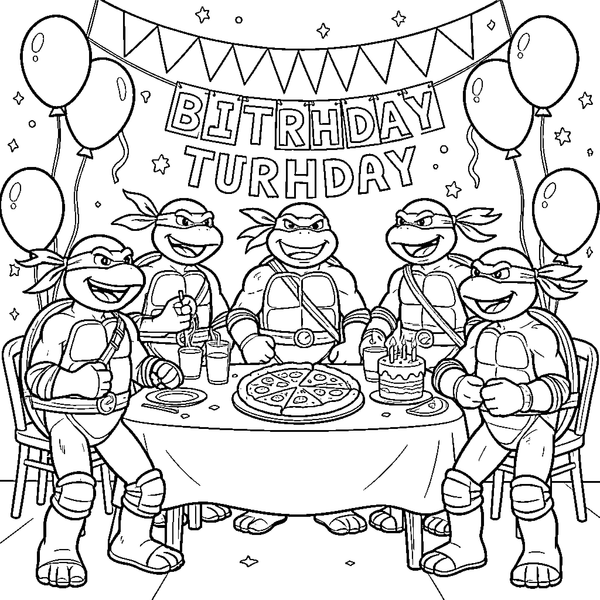 Teenage Mutant Ninja Turtles Celebrating a Birthday Party Coloring Page (free black-and-white line drawing printable PDF for all, from beginners to advanced learners, including children, teens, adults, and seniors)