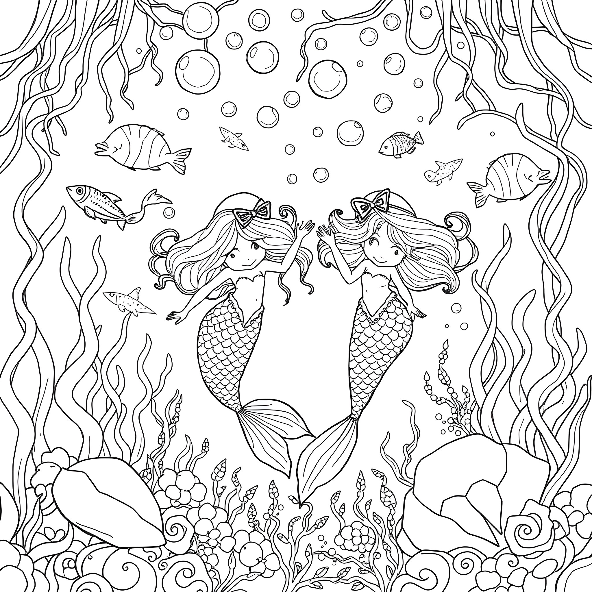 Mermaid friends swimming and exploring the underwater world Coloring Page (free black-and-white line drawing printable PDF for all, from beginners to advanced learners, including children, teens, adults, and seniors)