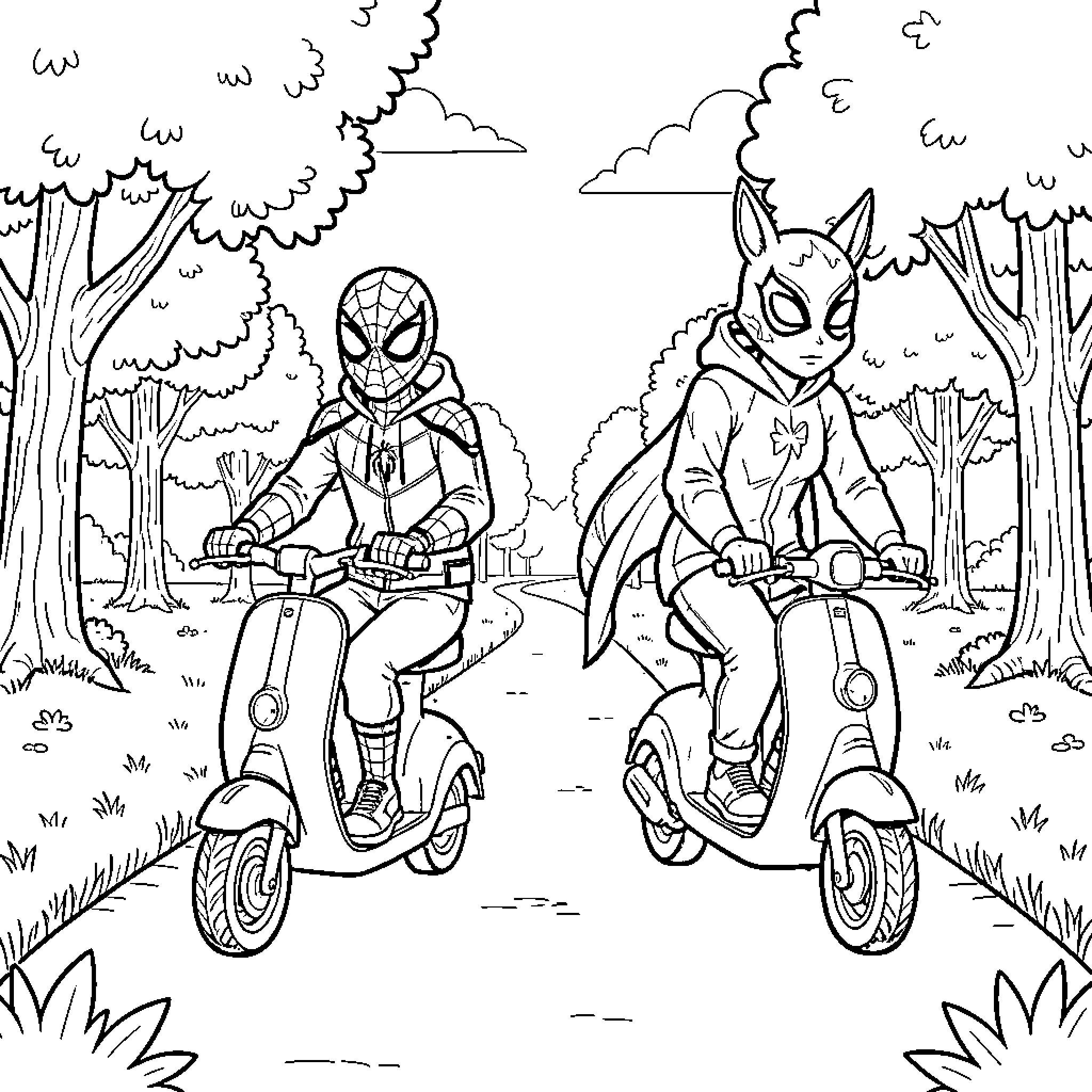 Spider hero and friend riding scooters through a park Coloring Page (free black-and-white line drawing printable PDF for all, from beginners to advanced learners, including children, teens, adults, and seniors)
