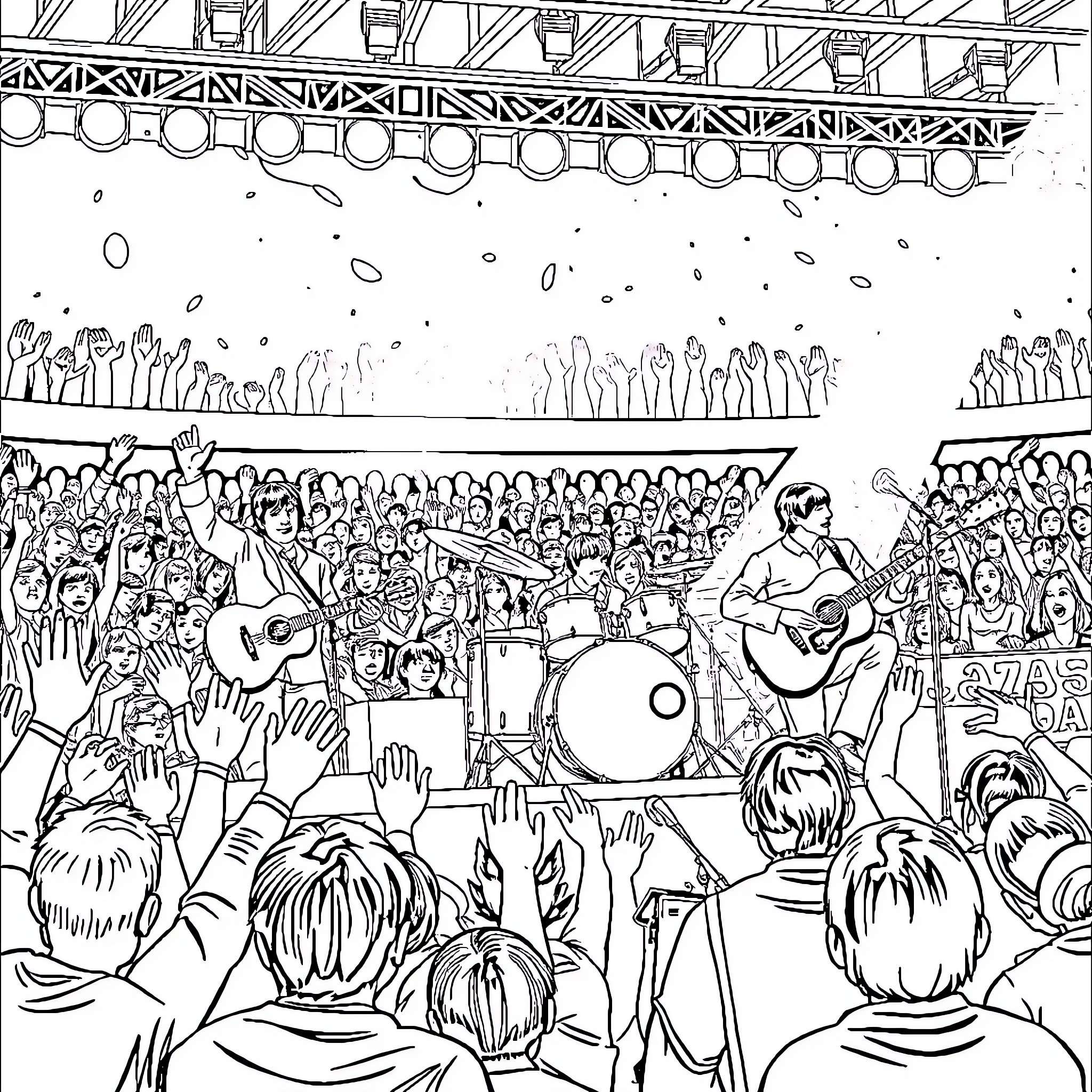 Beatles performing on stage with a crowd Coloring Page (free black-and-white line drawing printable PDF for all, from beginners to advanced learners, including children, teens, adults, and seniors)