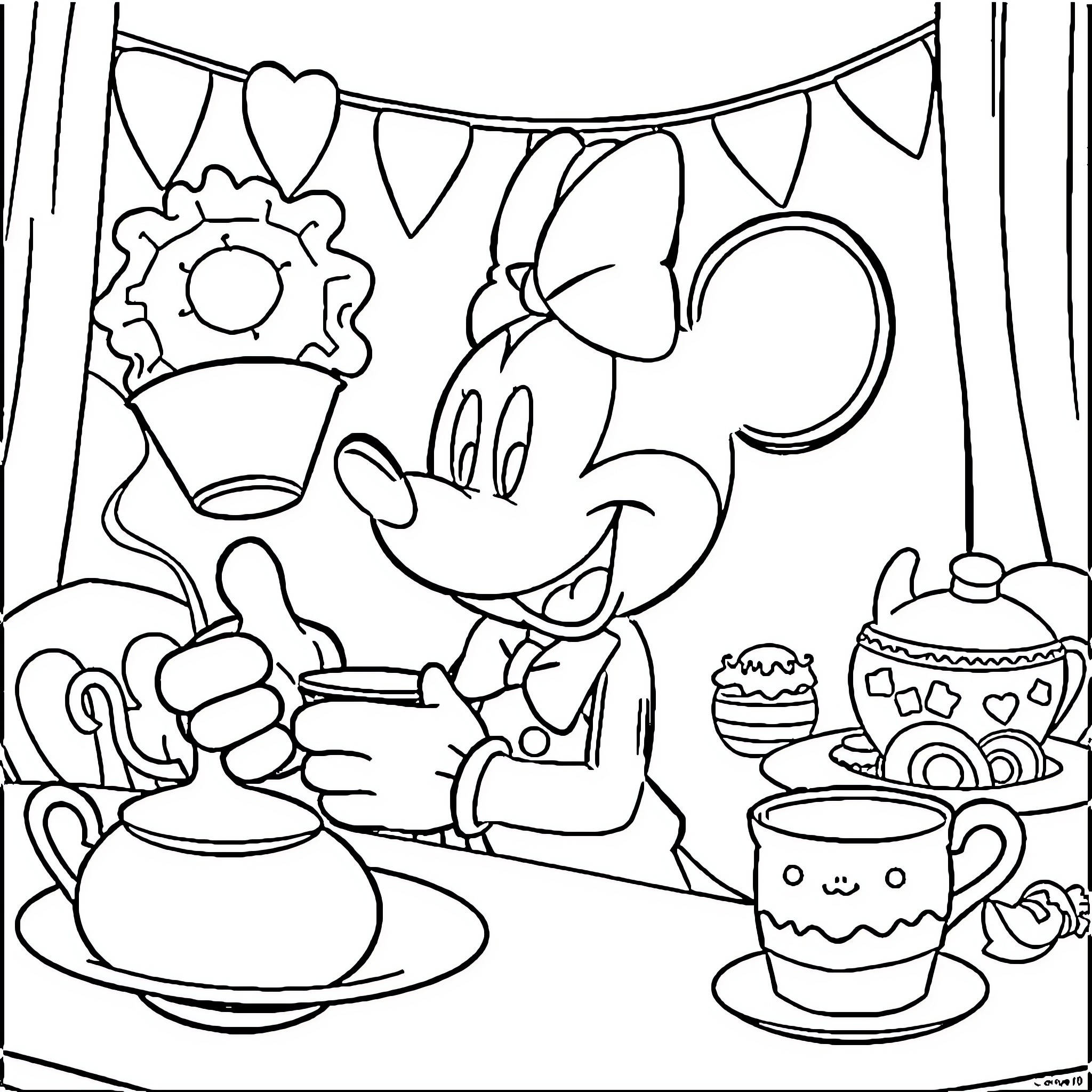 Mickey Mouse Celebrating with Festive Decorations Coloring Page (free black-and-white line drawing printable PDF for all, from beginners to advanced learners, including children, teens, adults, and seniors)