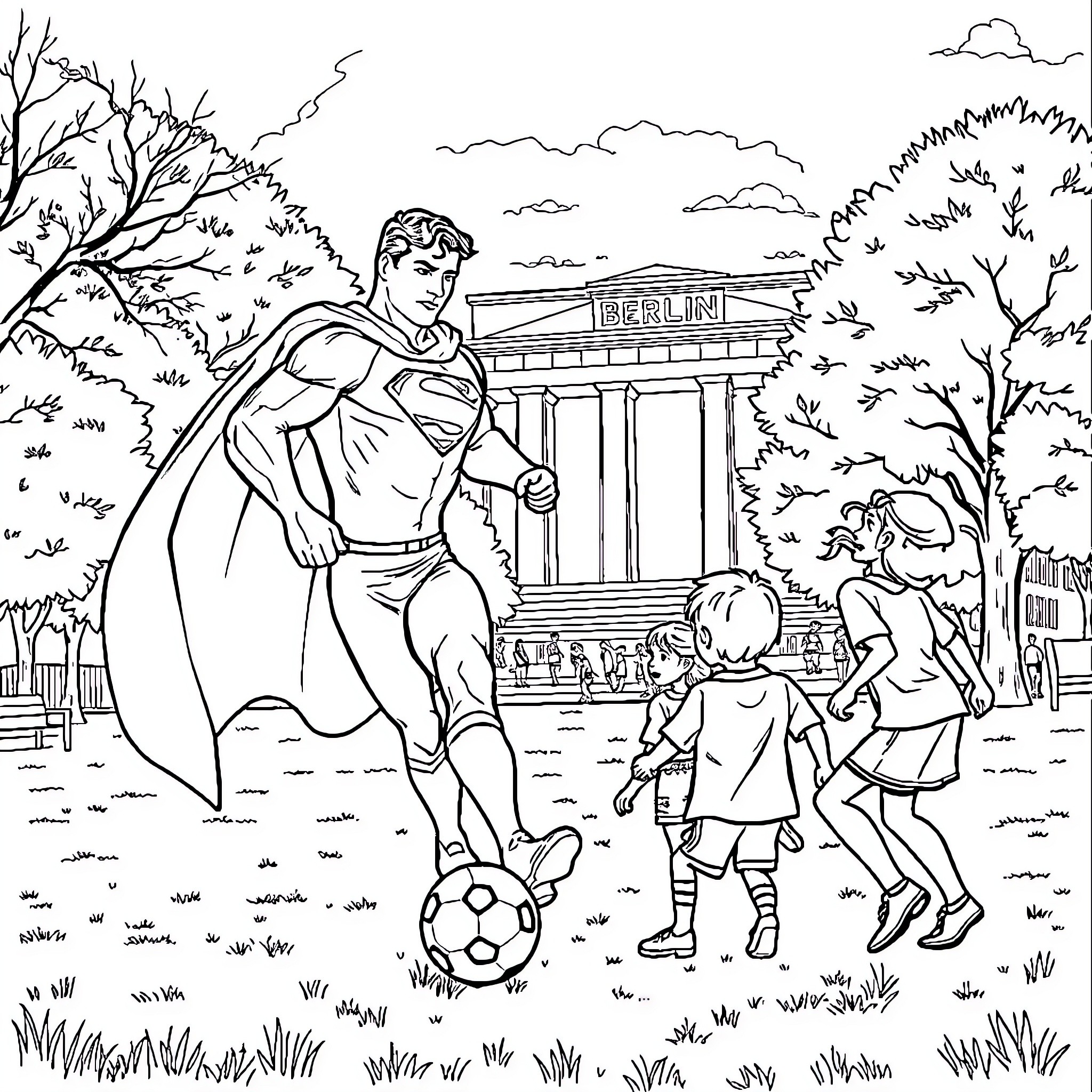 Superman playing football with children in the park Coloring Page (free black-and-white line drawing printable PDF for all, from beginners to advanced learners, including children, teens, adults, and seniors)