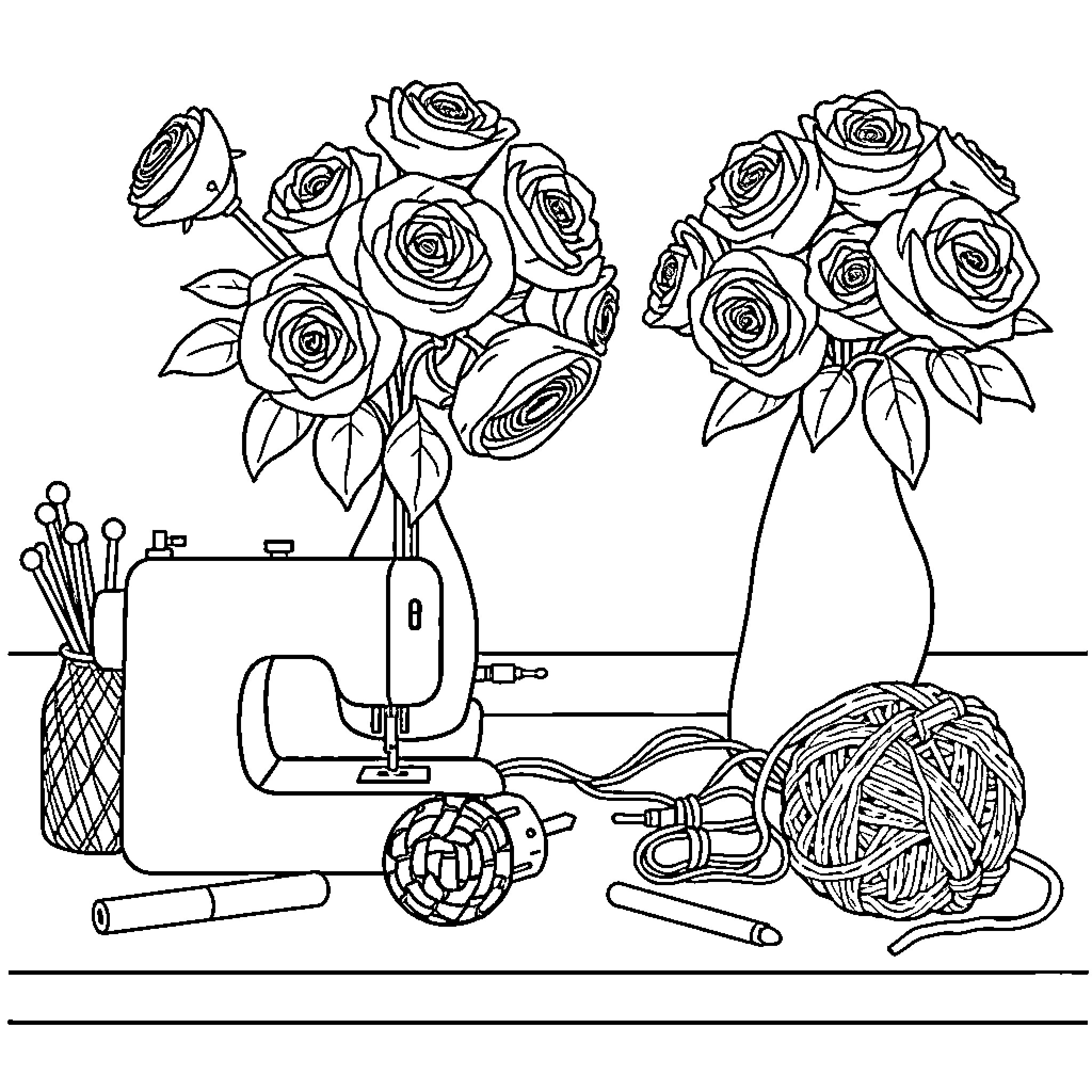 Sewing Machine and Bouquet of Roses with Sewing Supplies Coloring Page (free black-and-white line drawing printable PDF for all, from beginners to advanced learners, including children, teens, adults, and seniors)