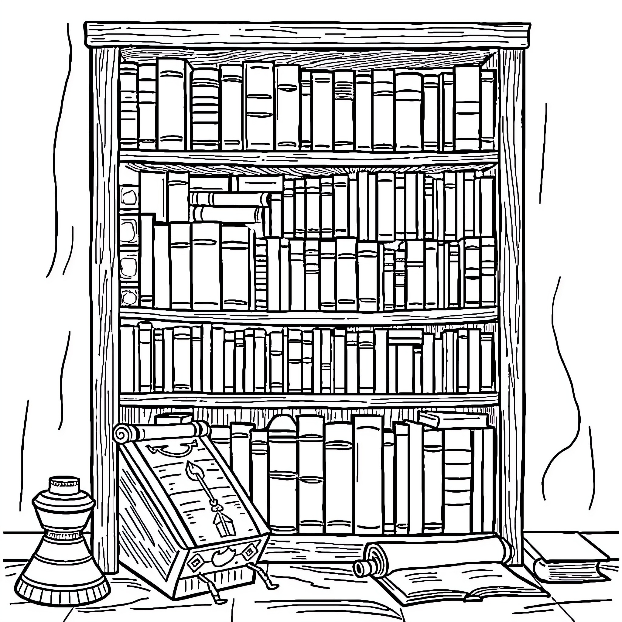 Bookcase with Various Books and Accessories Coloring Page (free black-and-white line drawing printable PDF for all, from beginners to advanced learners, including children, teens, adults, and seniors)