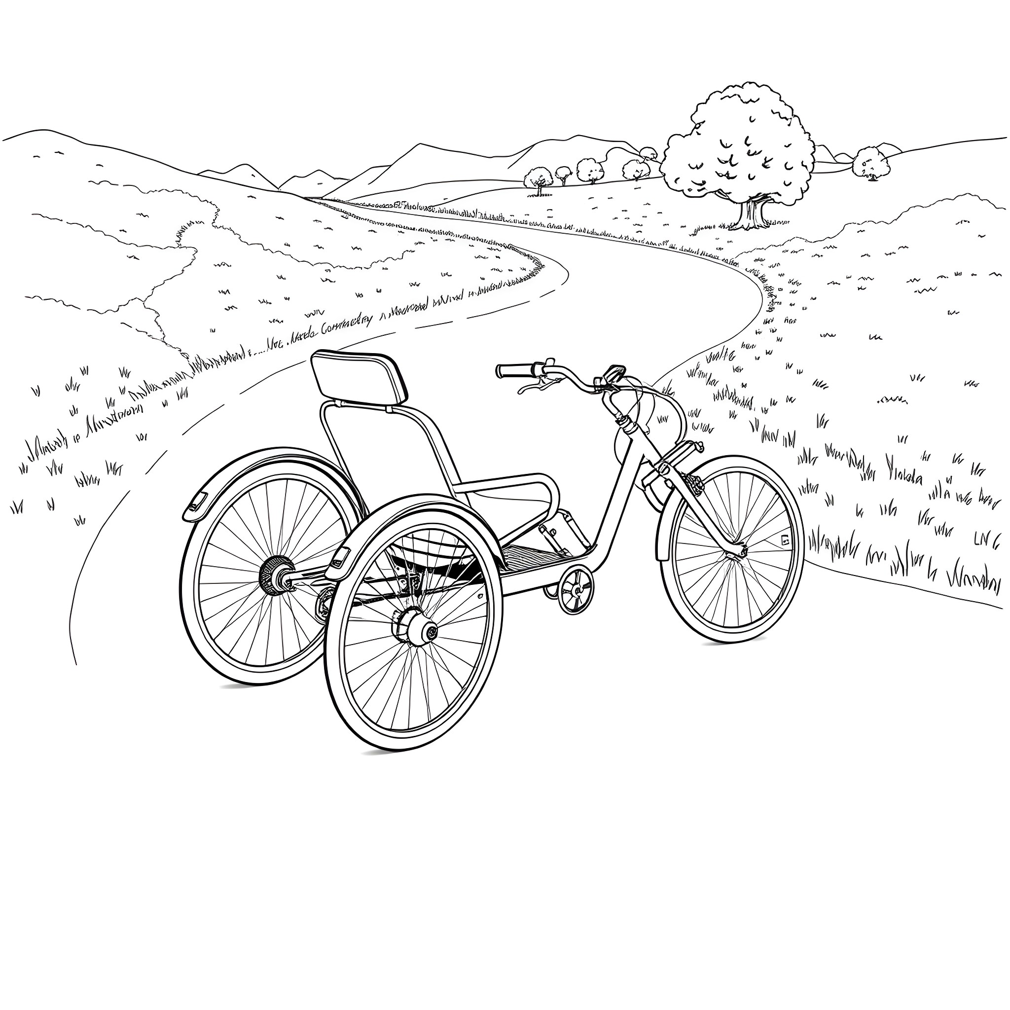 Trike riding through scenic countryside Coloring Page (free black-and-white line drawing printable PDF for all, from beginners to advanced learners, including children, teens, adults, and seniors)