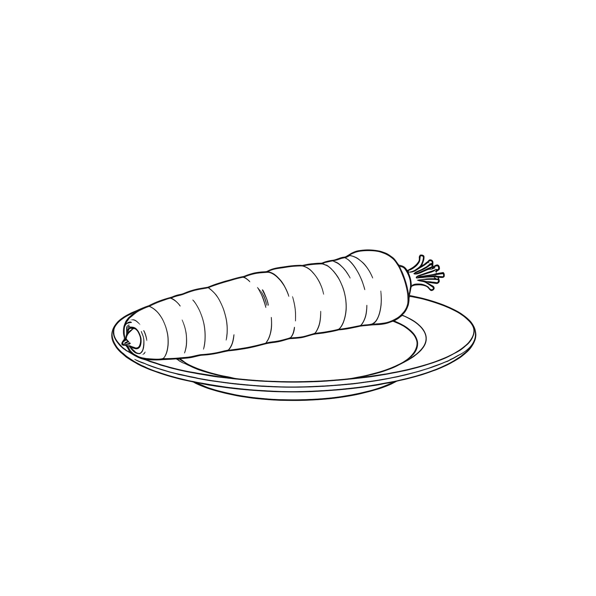 Carrot Sitting Calmly on a Plate Coloring Page (free black-and-white line drawing printable PDF for all, from beginners to advanced learners, including children, teens, adults, and seniors)