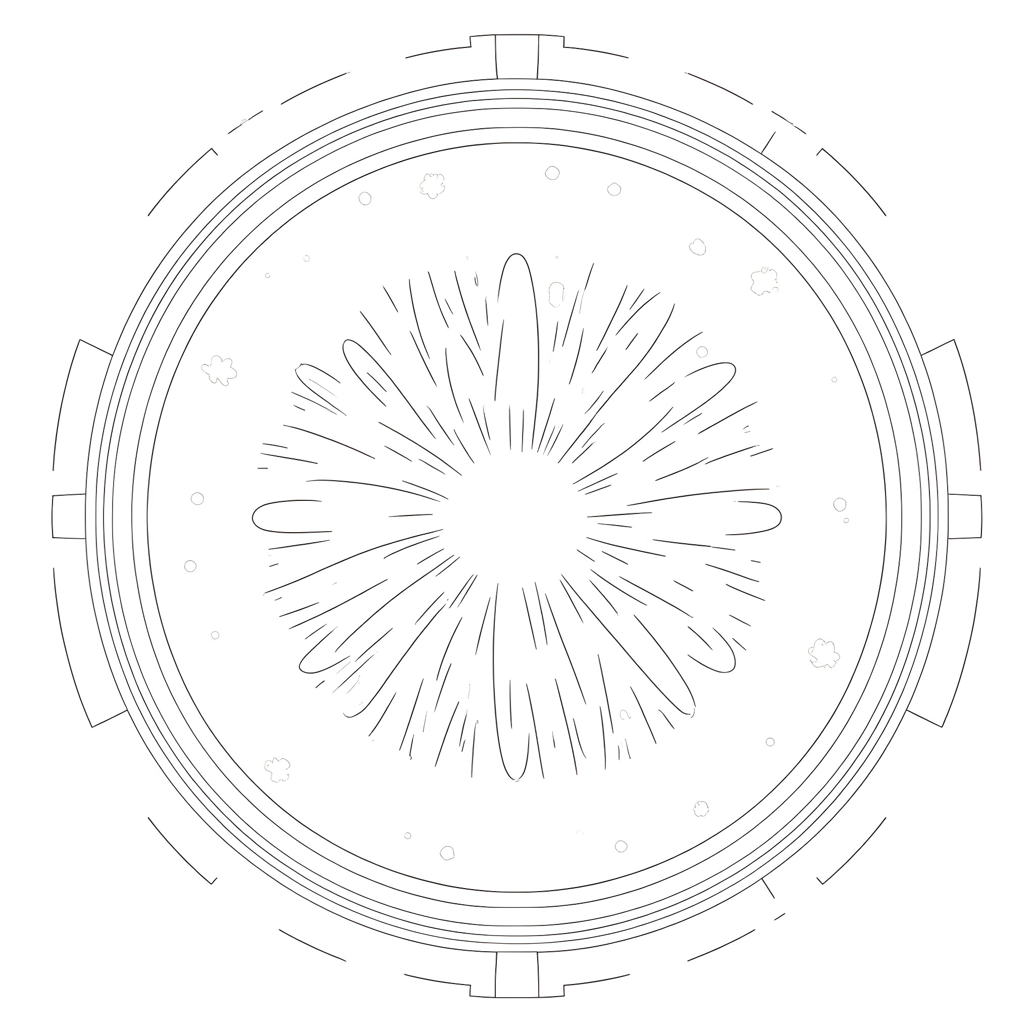 Spaceship navigating through cosmic explosion Coloring Page (free black-and-white line drawing printable PDF for all, from beginners to advanced learners, including children, teens, adults, and seniors)