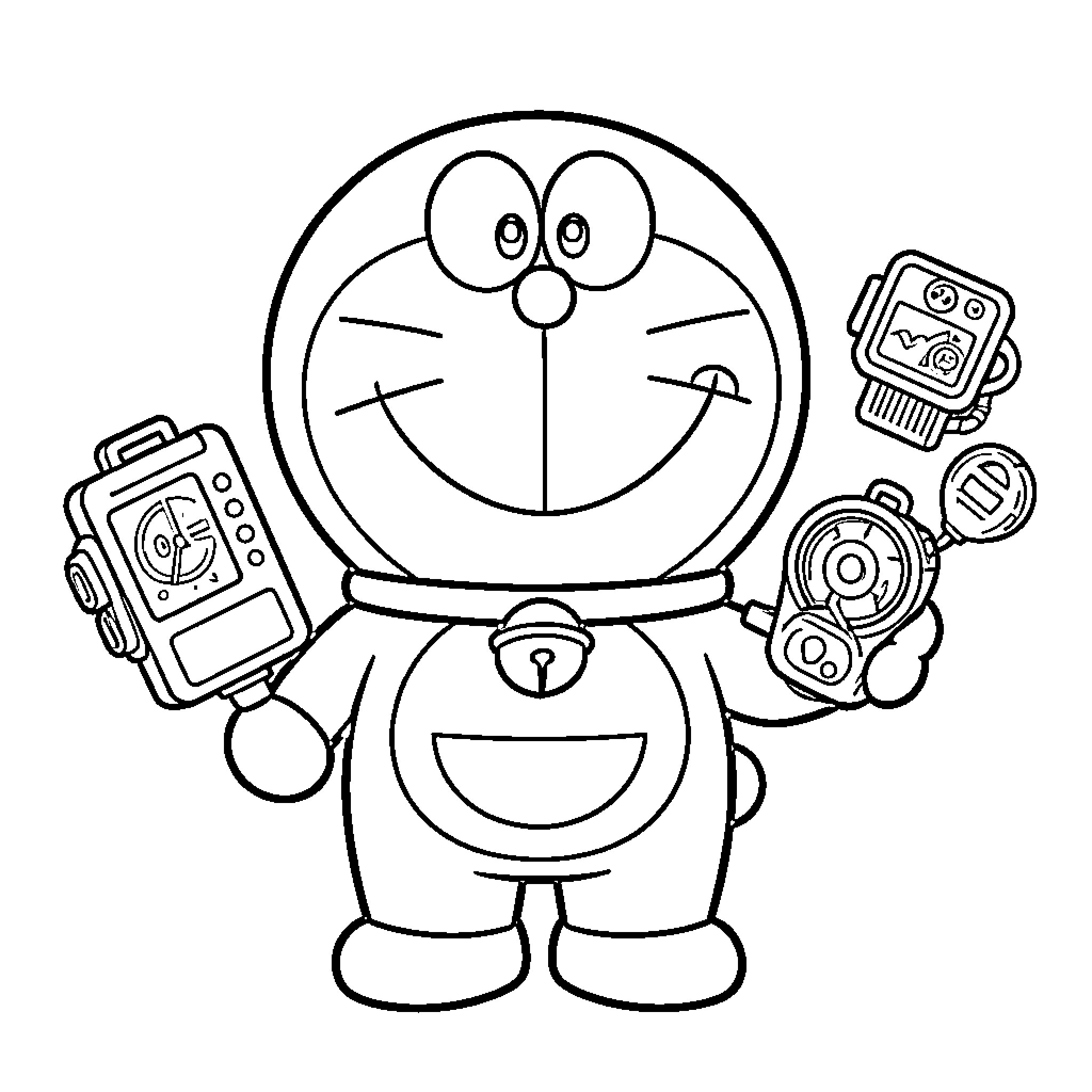 Doraemon with gadgets and technology Coloring Page (free black-and-white line drawing printable PDF for all, from beginners to advanced learners, including children, teens, adults, and seniors)