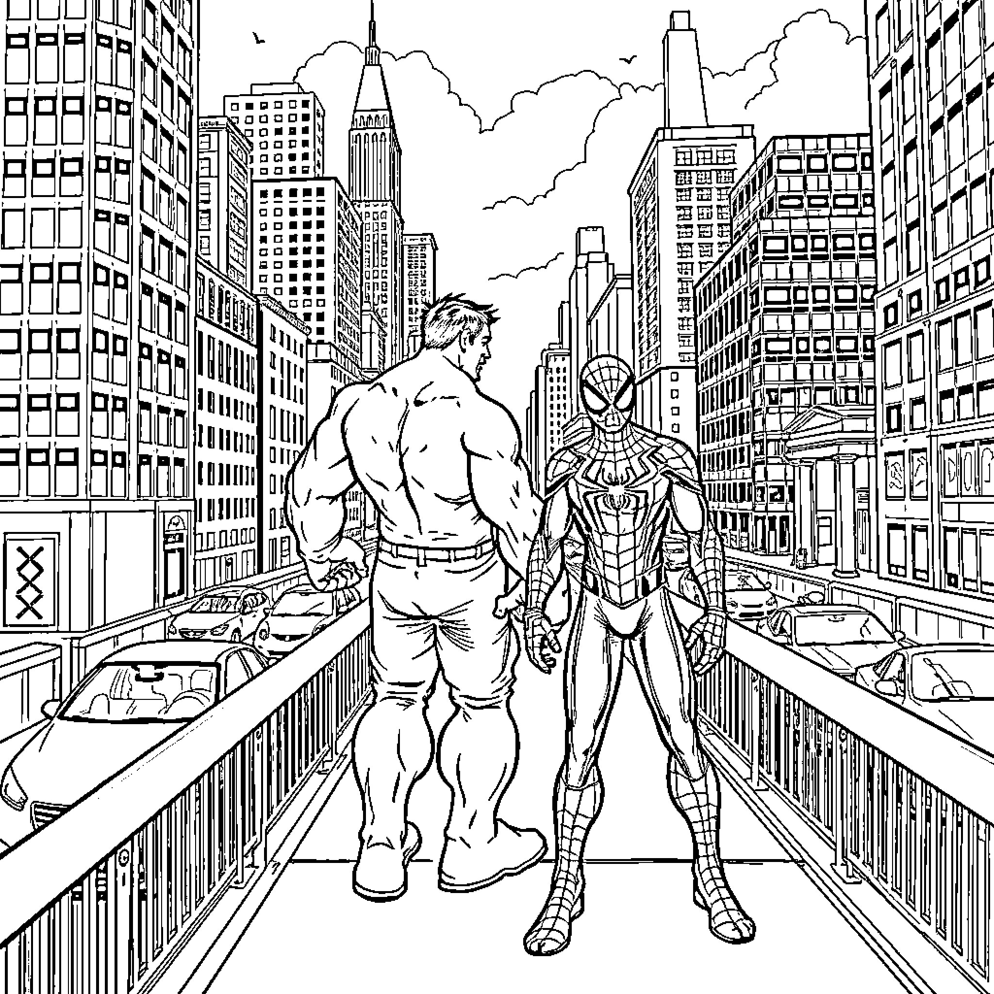 Hulk and Spider-Man heroic stance in the city Coloring Page (free black-and-white line drawing printable PDF for all, from beginners to advanced learners, including children, teens, adults, and seniors)