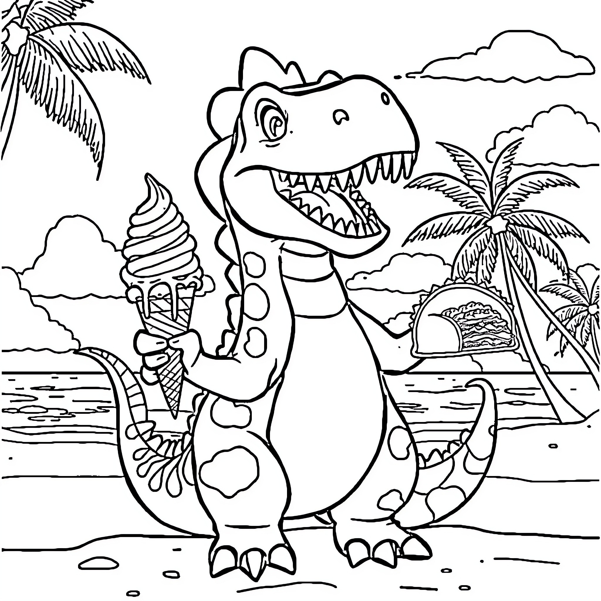 Dinosaur enjoying an ice cream on the beach Coloring Page (free black-and-white line drawing printable PDF for all, from beginners to advanced learners, including children, teens, adults, and seniors)
