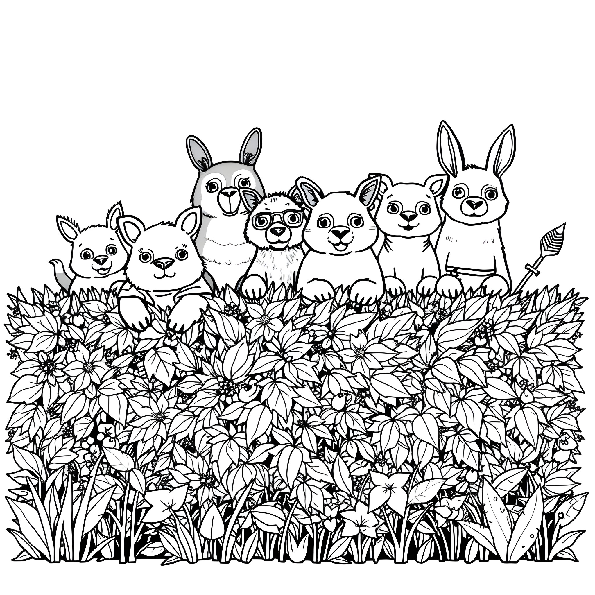 Animal Rabbits peeking out from floral garden Coloring Page (free black-and-white line drawing printable PDF for all, from beginners to advanced learners, including children, teens, adults, and seniors)