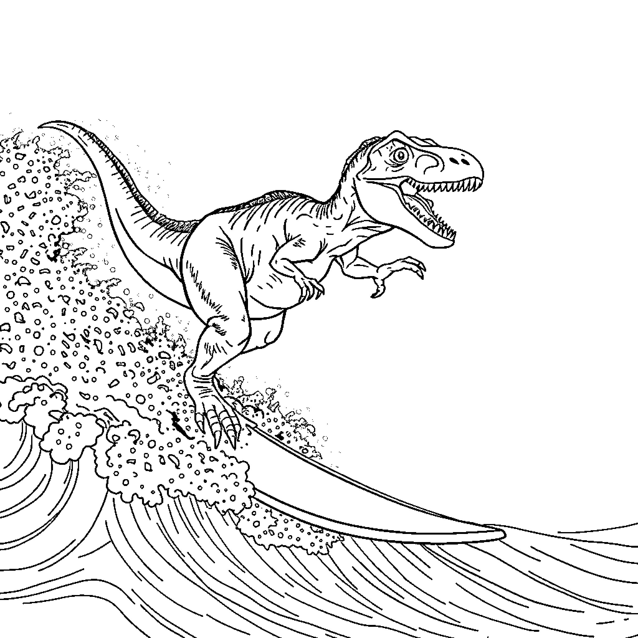 Velociraptor surfing on a giant wave Coloring Page (free black-and-white line drawing printable PDF for all, from beginners to advanced learners, including children, teens, adults, and seniors)