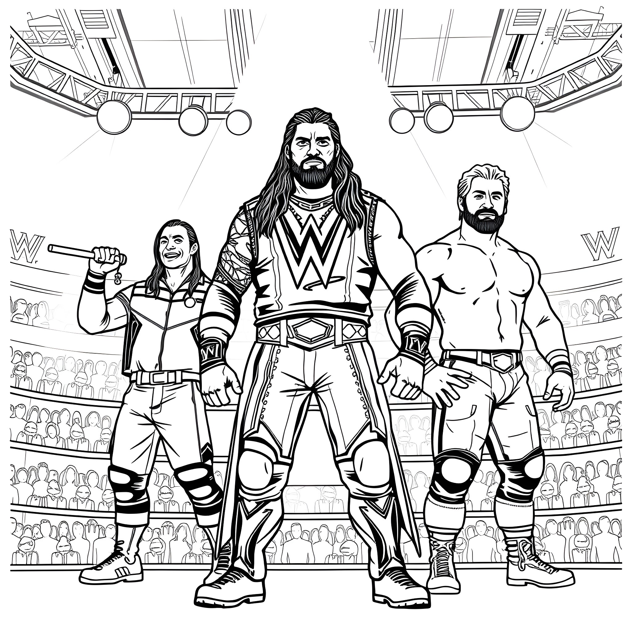 Wrestler's Triumphant Entry into the Arena Coloring Page (free black-and-white line drawing printable PDF for all, from beginners to advanced learners, including children, teens, adults, and seniors)