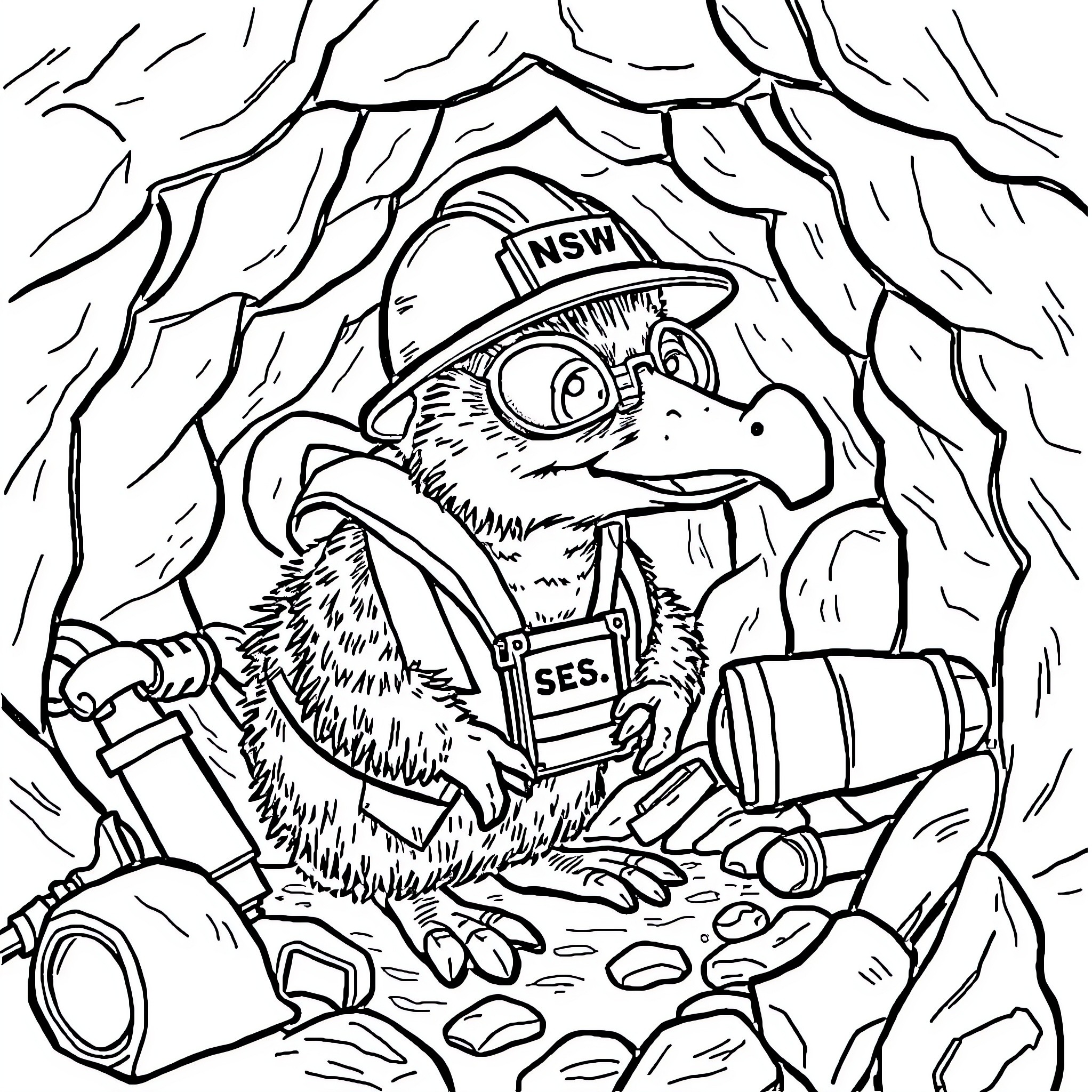 Platypus ranger exploring the wilderness Coloring Page (free black-and-white line drawing printable PDF for all, from beginners to advanced learners, including children, teens, adults, and seniors)
