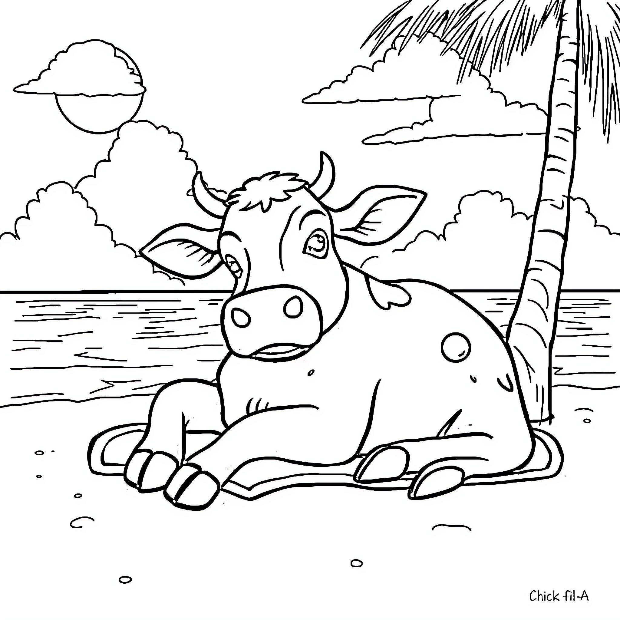 Chick-fil-A Cow relaxing on the beach Coloring Page (free black-and-white line drawing printable PDF for all, from beginners to advanced learners, including children, teens, adults, and seniors)