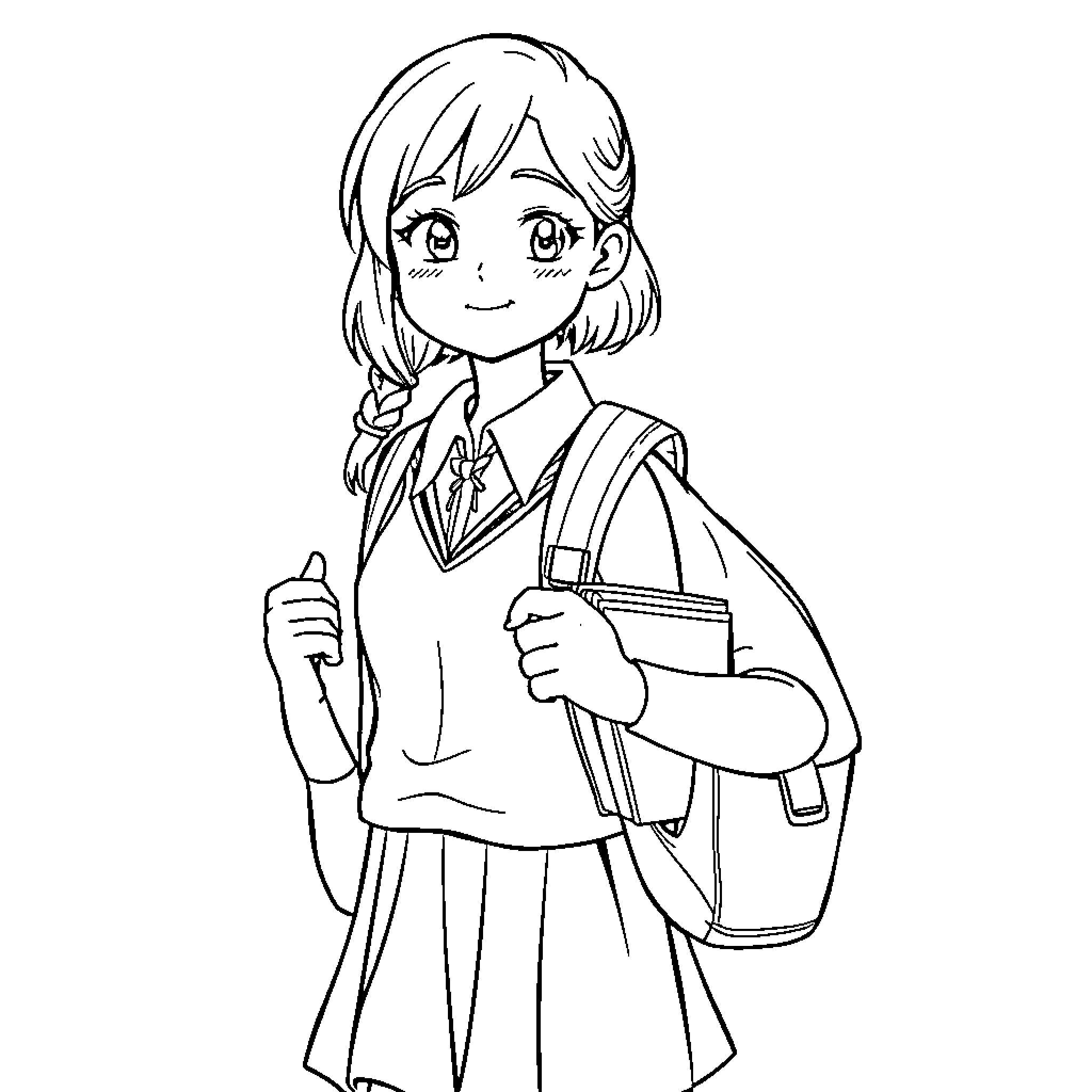 Schoolgirl with backpack smiling happily Coloring Page (free black-and-white line drawing printable PDF for all, from beginners to advanced learners, including children, teens, adults, and seniors)