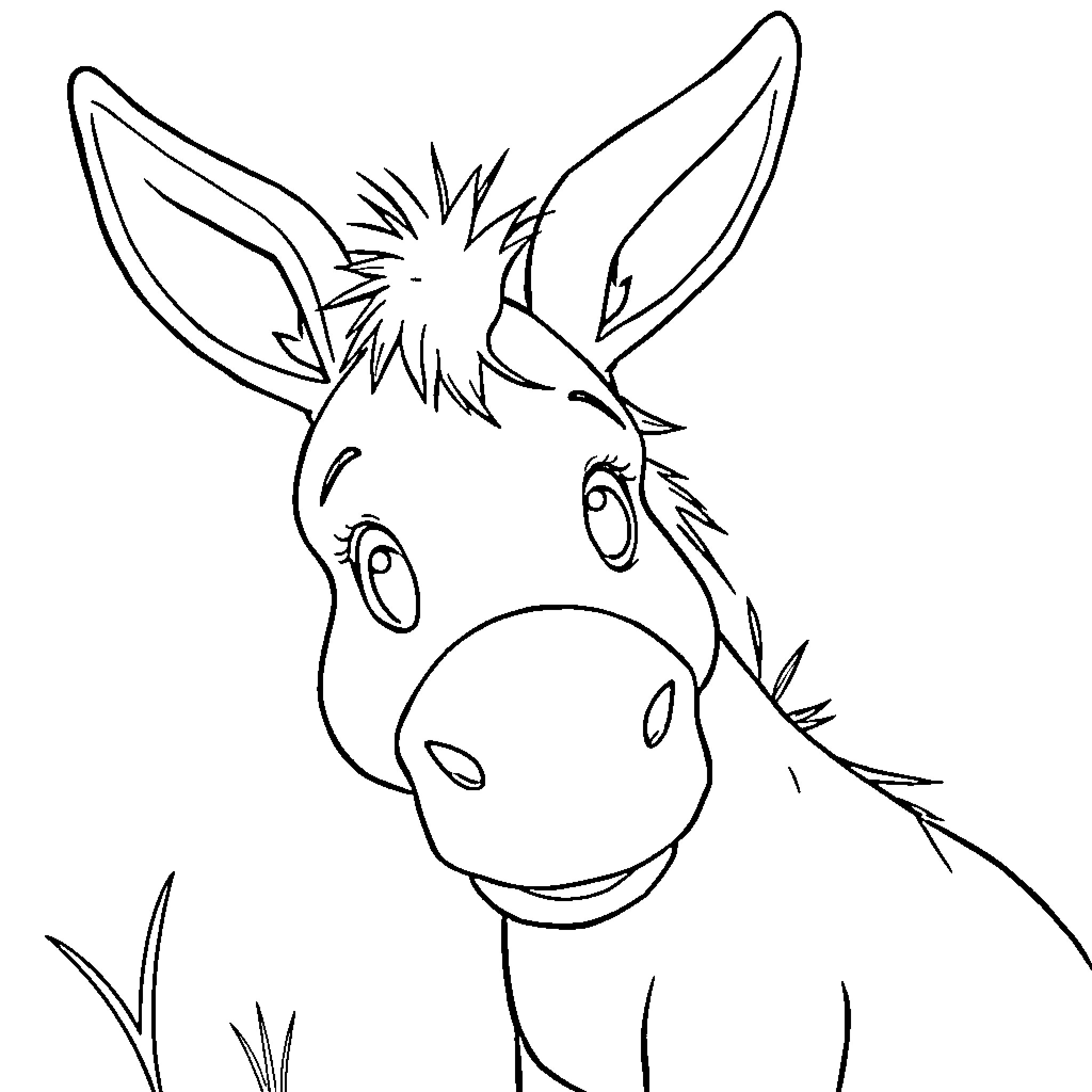 Bouriquet: Curious Donkey in the Meadow Coloring Page (free black-and-white line drawing printable PDF for all, from beginners to advanced learners, including children, teens, adults, and seniors)