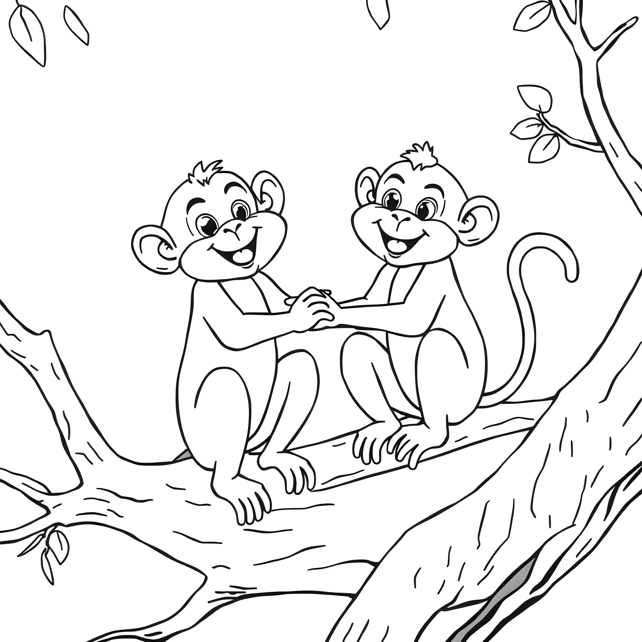 Monkeys playing together in the forest Coloring Page (free black-and-white line drawing printable PDF for all, from beginners to advanced learners, including children, teens, adults, and seniors)