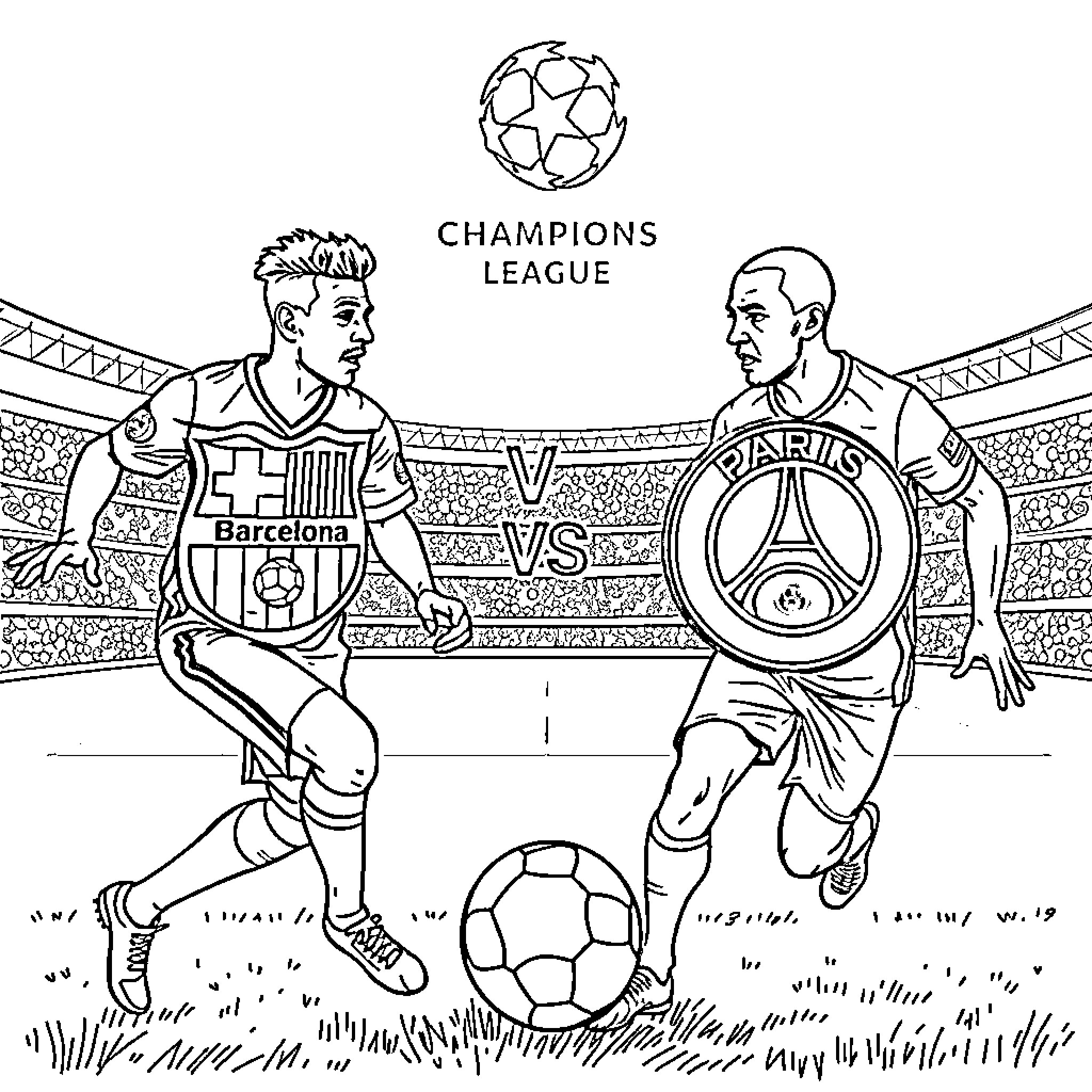 Barcelona players in Champions League match Coloring Page (free black-and-white line drawing printable PDF for all, from beginners to advanced learners, including children, teens, adults, and seniors)