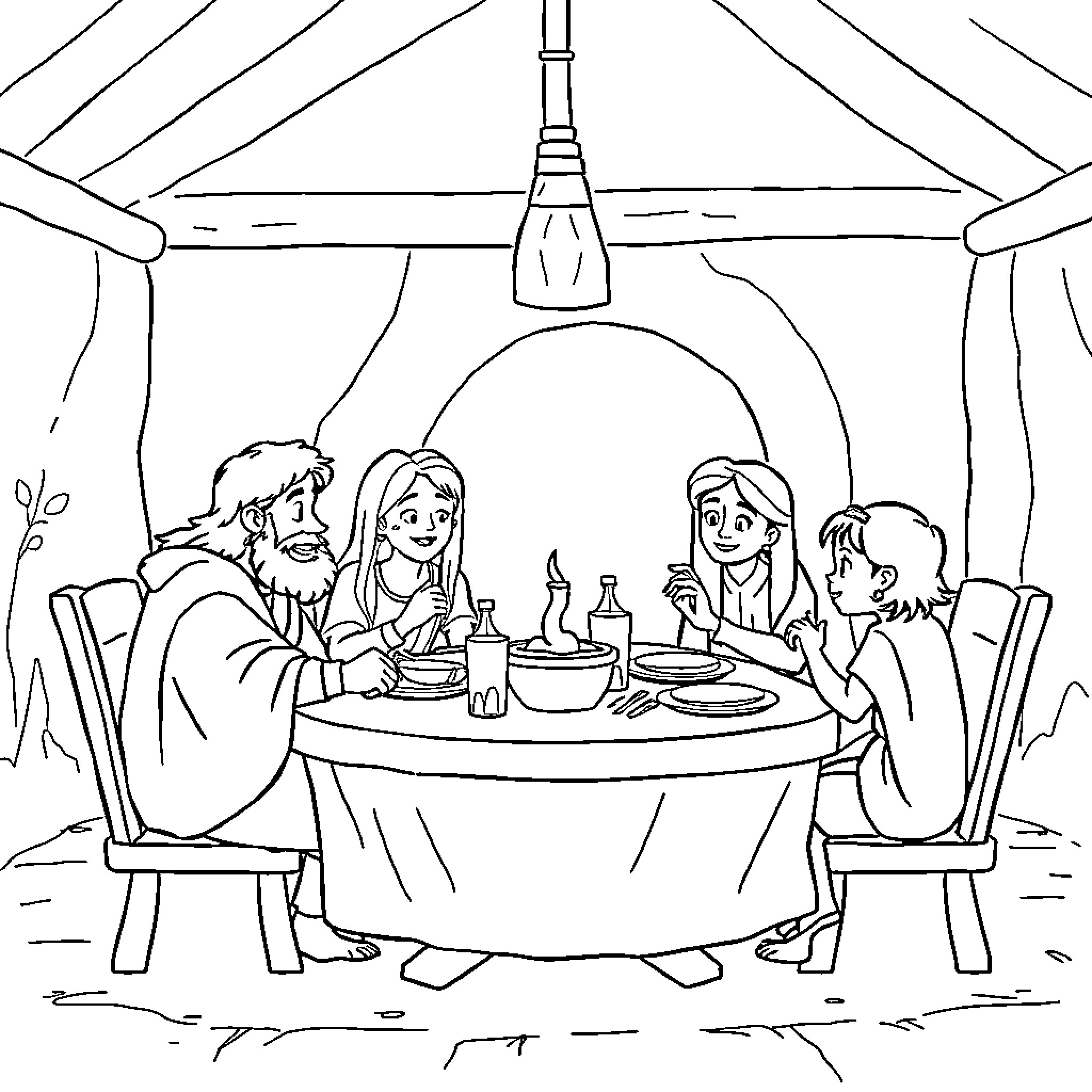 Noah's Family Sharing a Meal Together Coloring Page (free black-and-white line drawing printable PDF for all, from beginners to advanced learners, including children, teens, adults, and seniors)
