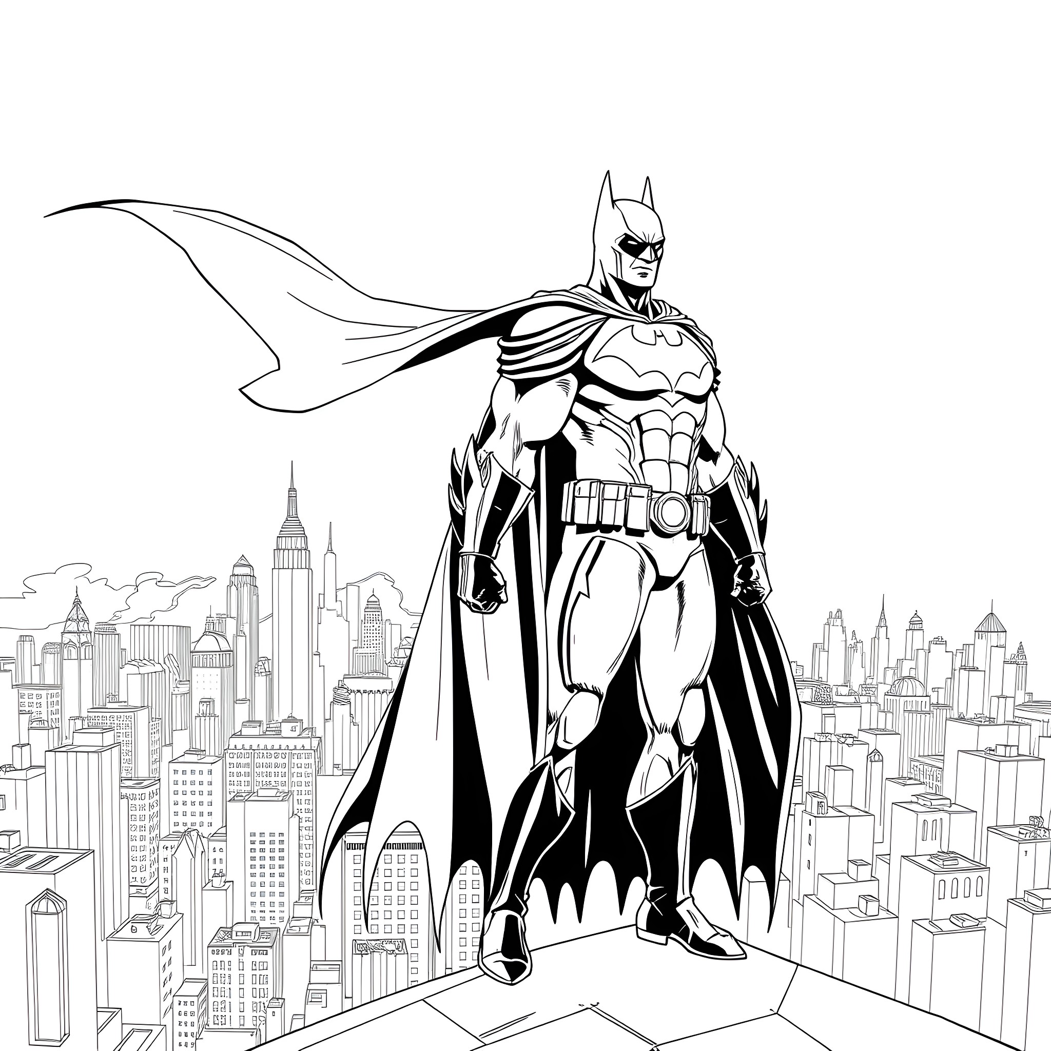 Batman standing heroically over the city skyline Coloring Page (free black-and-white line drawing printable PDF for all, from beginners to advanced learners, including children, teens, adults, and seniors)