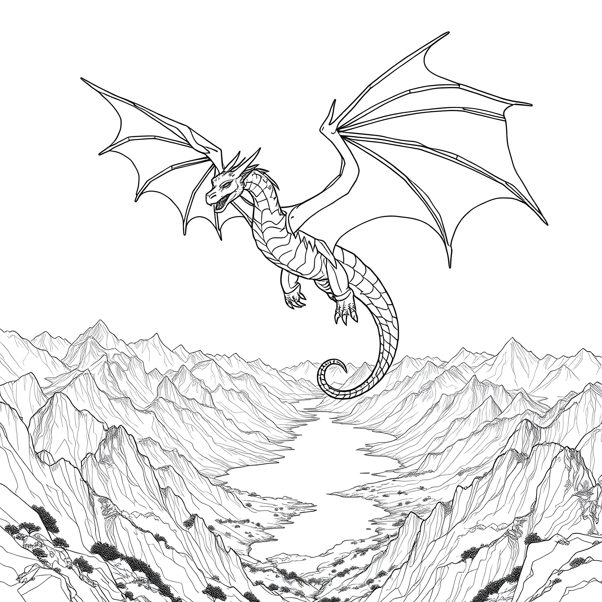 Dragon soaring gracefully over the mountain peaks Coloring Page (free black-and-white line drawing printable PDF for all, from beginners to advanced learners, including children, teens, adults, and seniors)