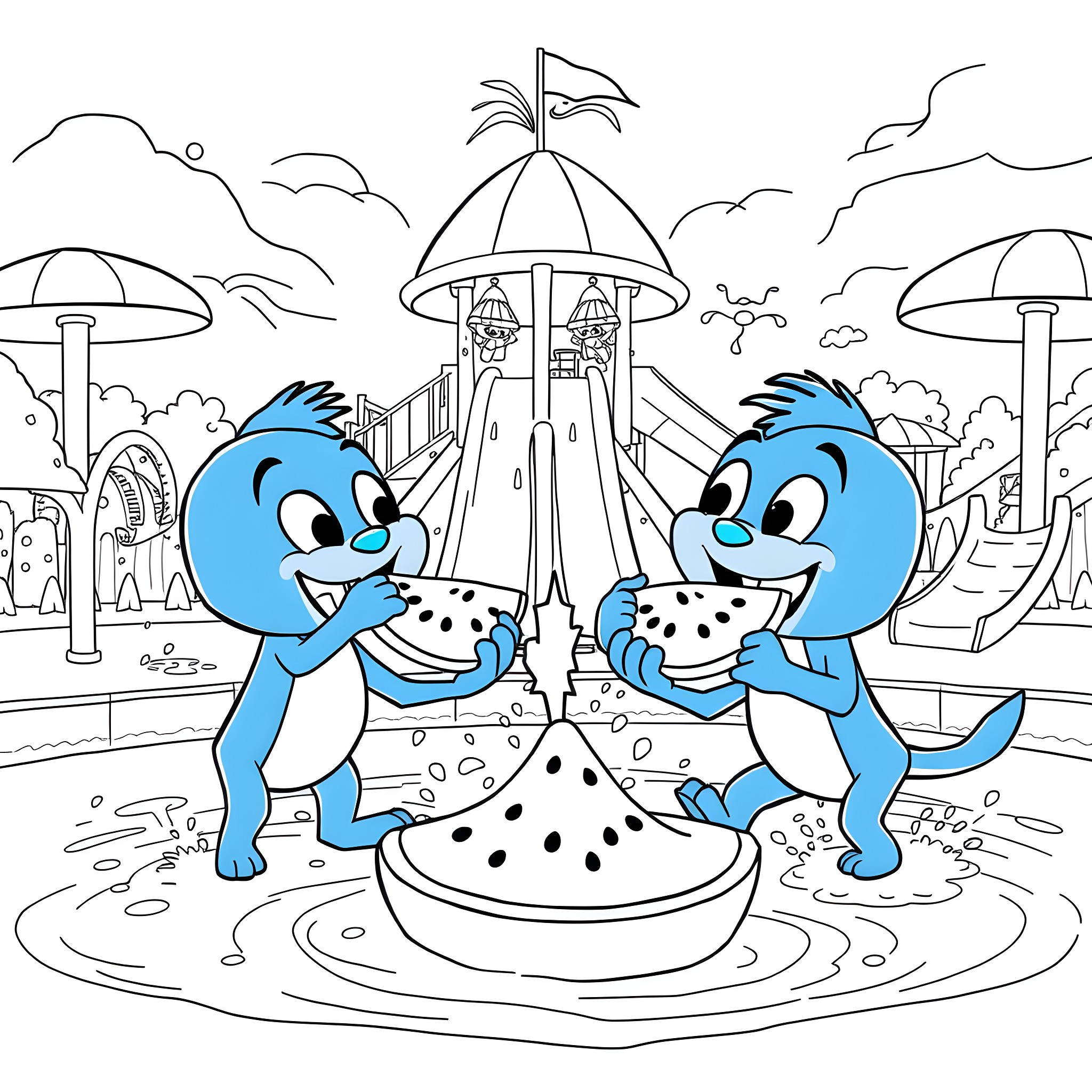 Bluey and Bingo Enjoying a Playful Day at the Park Coloring Page (free black-and-white line drawing printable PDF for all, from beginners to advanced learners, including children, teens, adults, and seniors)