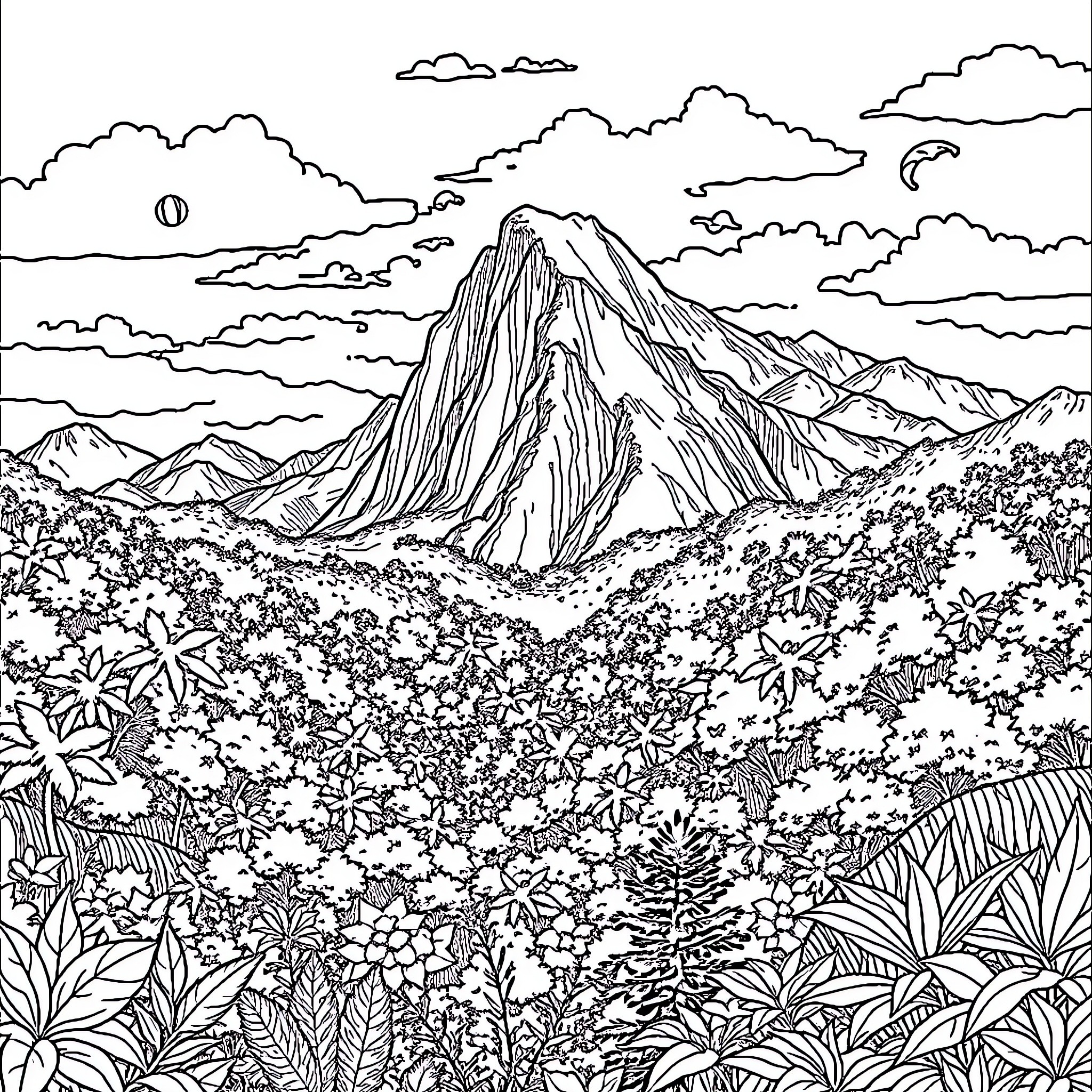 Nature's Majestic Landscape: Rugged Mountains and Lush Foliage Coloring Page (free black-and-white line drawing printable PDF for all, from beginners to advanced learners, including children, teens, adults, and seniors)