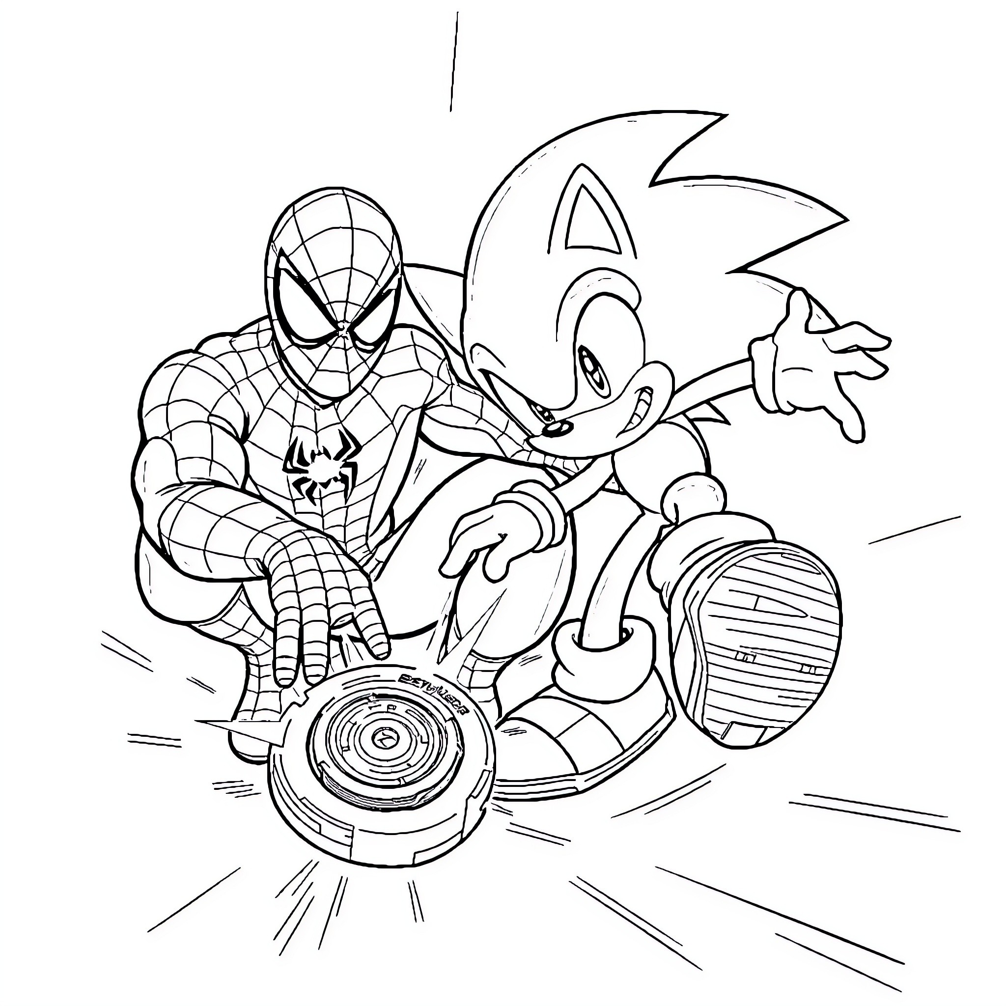 Spiderman and Sonic the Hedgehog in action-packed adventure Coloring Page (free black-and-white line drawing printable PDF for all, from beginners to advanced learners, including children, teens, adults, and seniors)