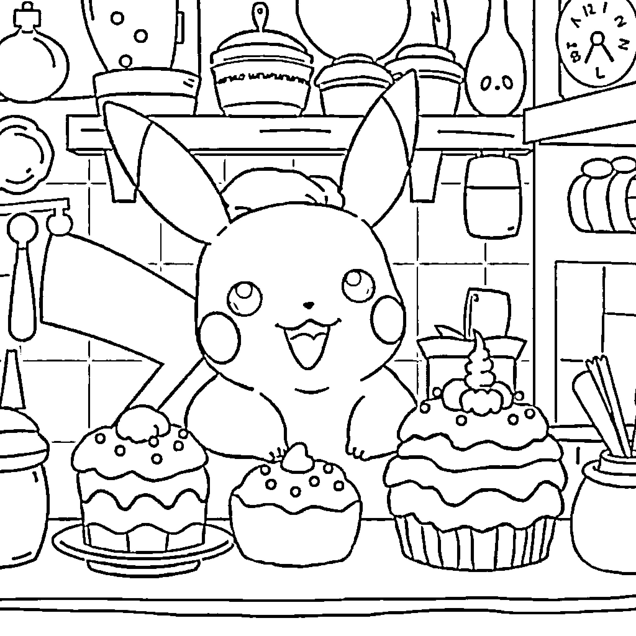 Pikachu delighted with sweet treats and kitchen items Coloring Page (free black-and-white line drawing printable PDF for all, from beginners to advanced learners, including children, teens, adults, and seniors)