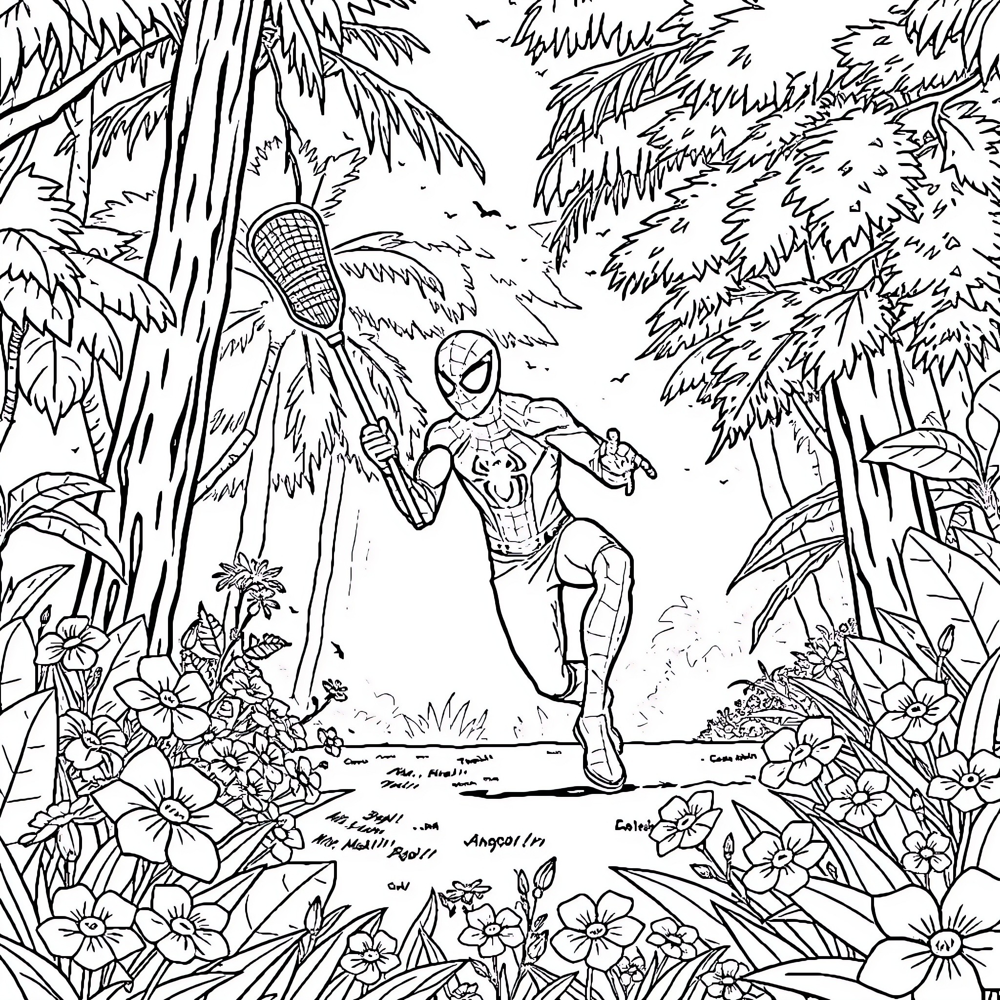 Spider-Man swinging through the lush jungle landscape Coloring Page (free black-and-white line drawing printable PDF for all, from beginners to advanced learners, including children, teens, adults, and seniors)