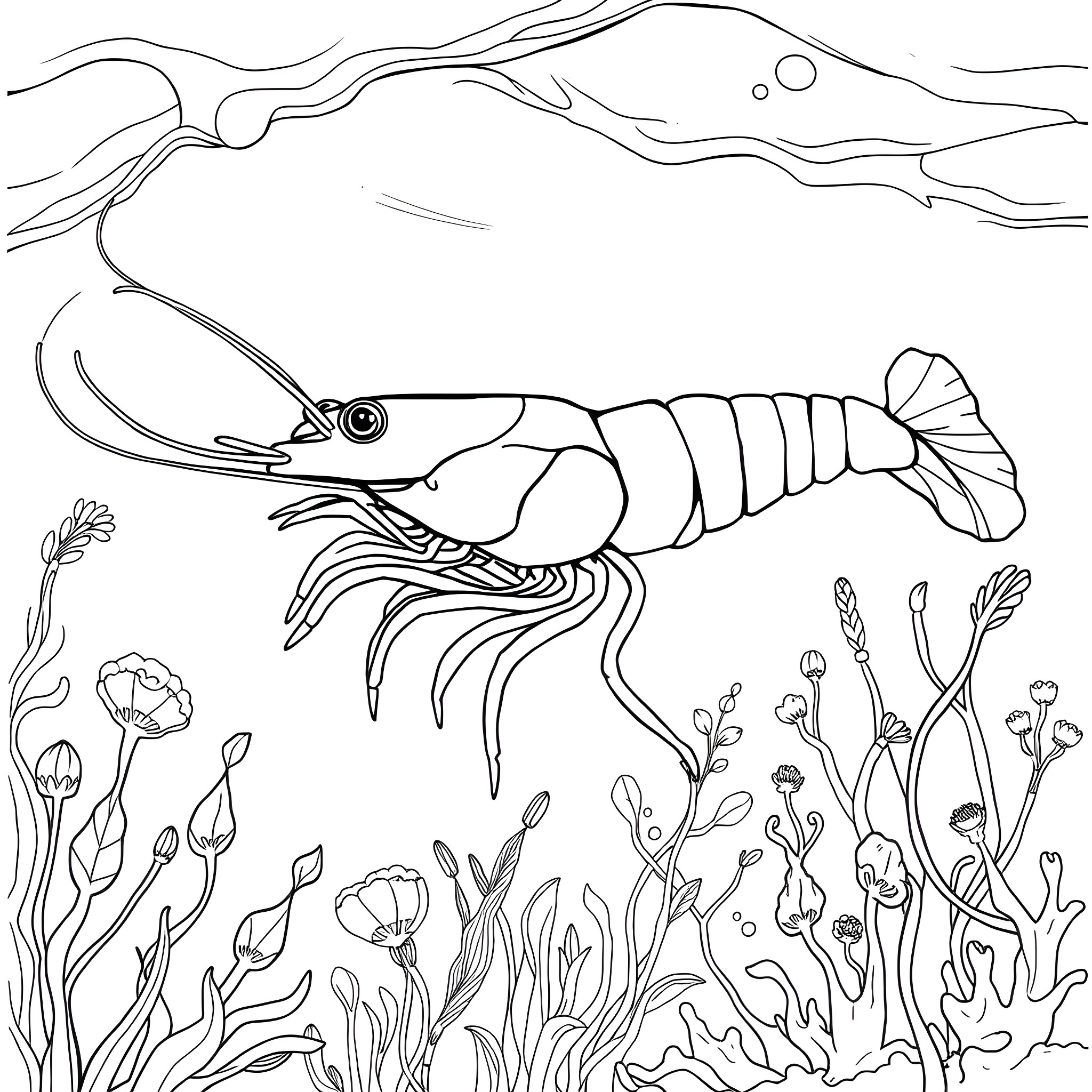 Shrimp swimming among underwater plants Coloring Page (free black-and-white line drawing printable PDF for all, from beginners to advanced learners, including children, teens, adults, and seniors)