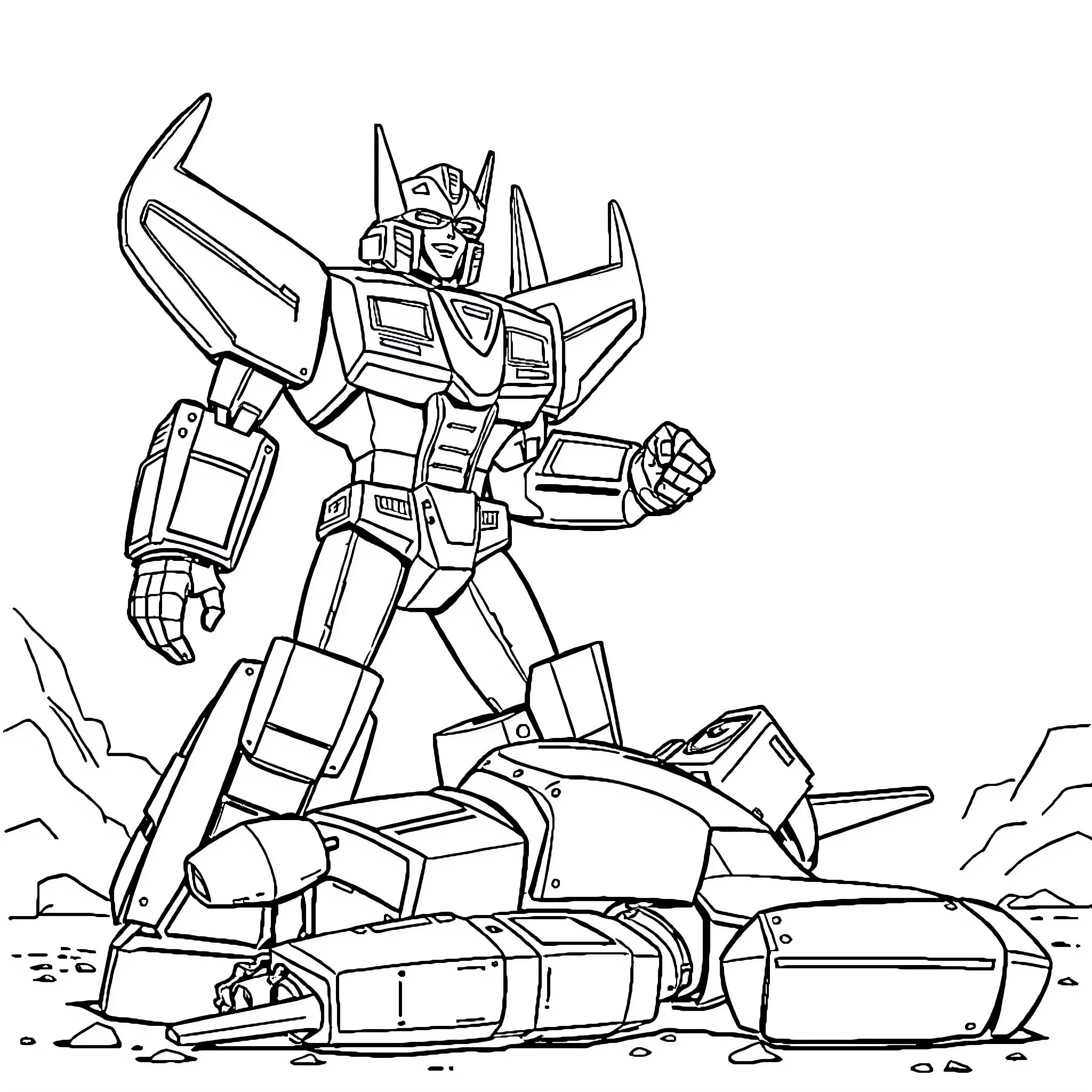 Starscream transforms and takes flight amid battle Coloring Page (free black-and-white line drawing printable PDF for all, from beginners to advanced learners, including children, teens, adults, and seniors)