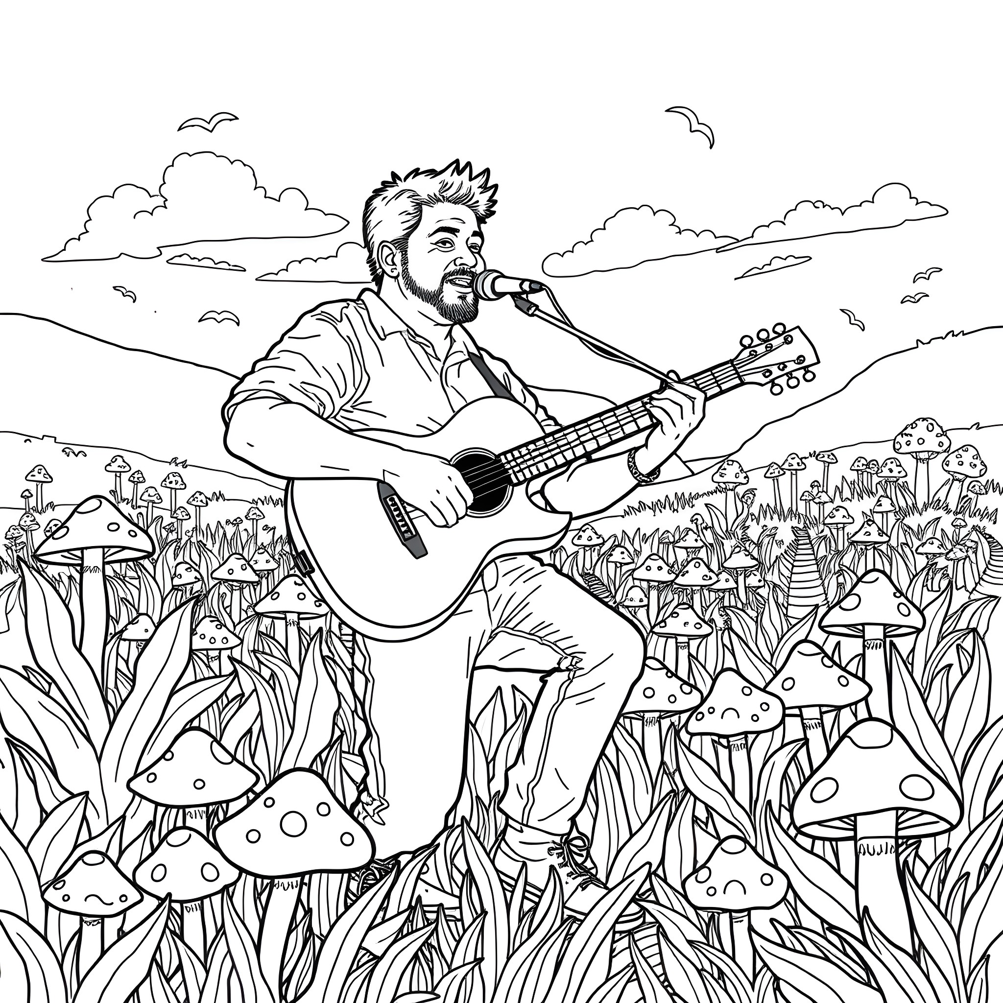 Rome Ramirez performs at a music festival in a lush, whimsical landscape Coloring Page (free black-and-white line drawing printable PDF for all, from beginners to advanced learners, including children, teens, adults, and seniors)