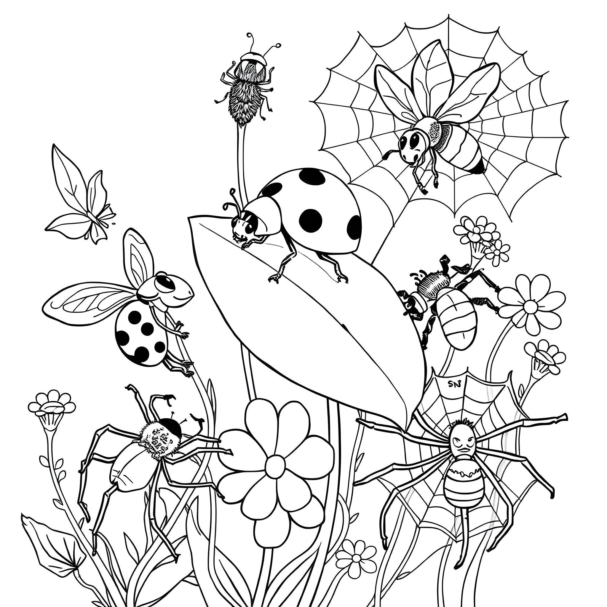Insect friends exploring the floral garden Coloring Page (free black-and-white line drawing printable PDF for all, from beginners to advanced learners, including children, teens, adults, and seniors)