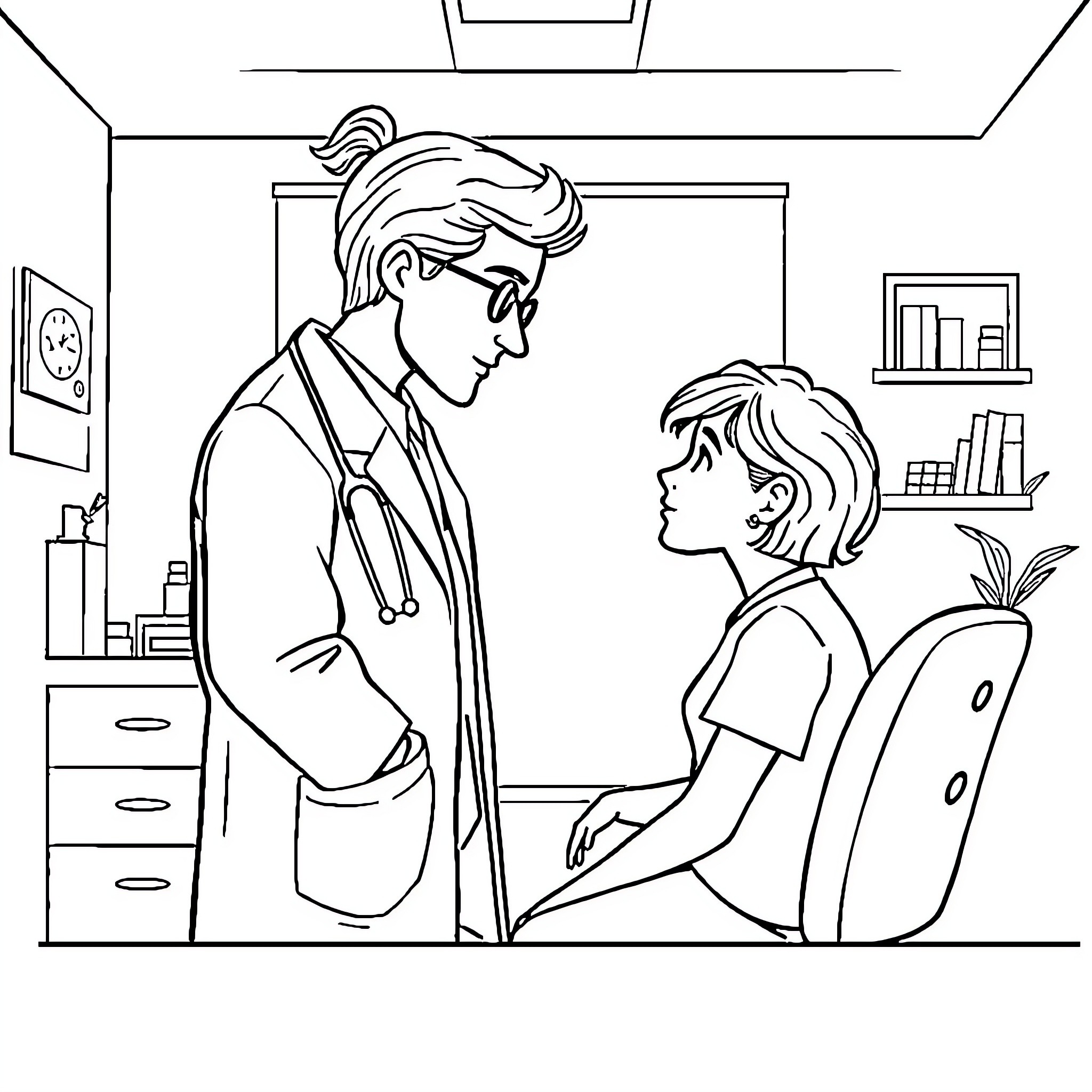 Doctor examining patient in medical office Coloring Page (free black-and-white line drawing printable PDF for all, from beginners to advanced learners, including children, teens, adults, and seniors)