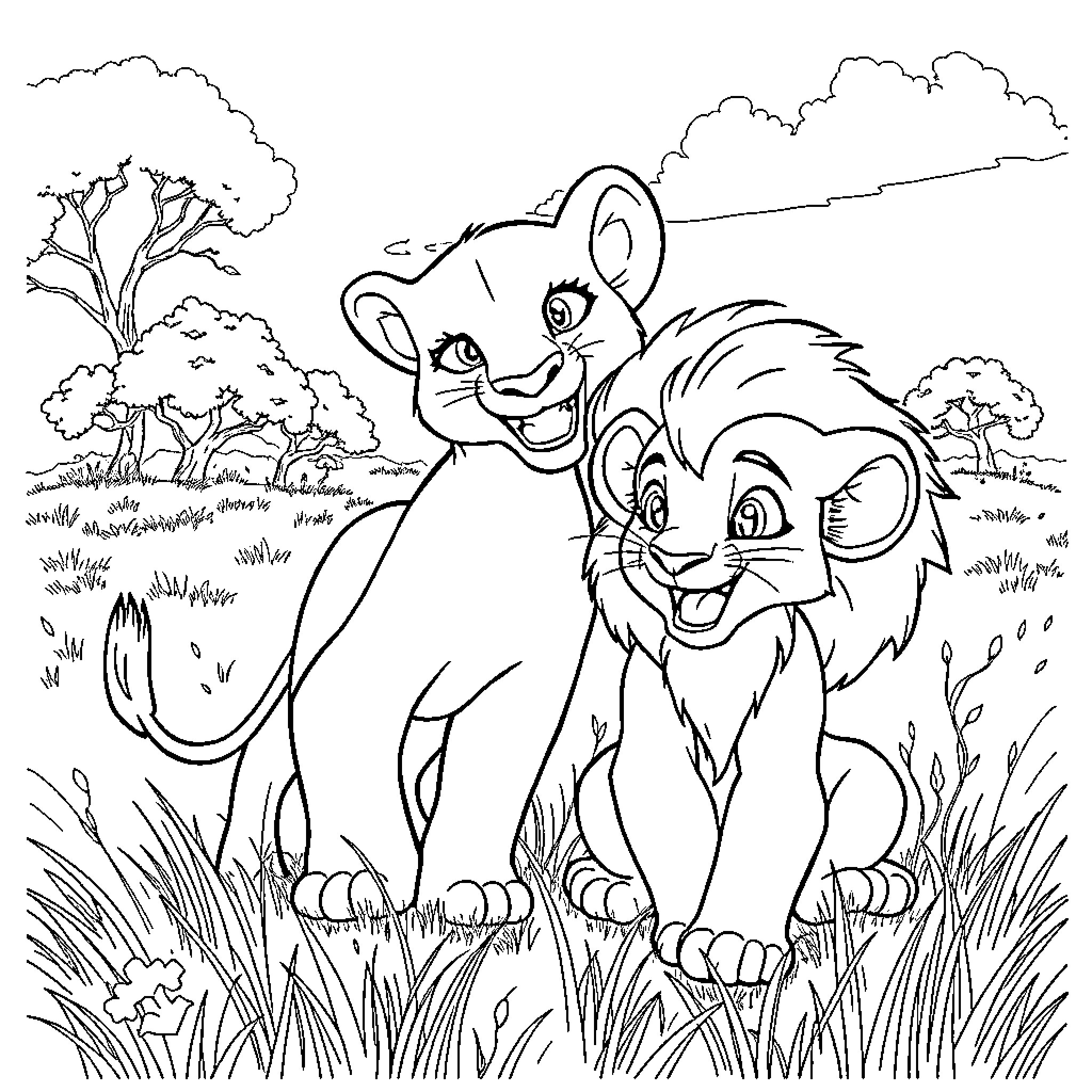 Kiara and Simba Explore the Savanna Landscape Coloring Page (free black-and-white line drawing printable PDF for all, from beginners to advanced learners, including children, teens, adults, and seniors)