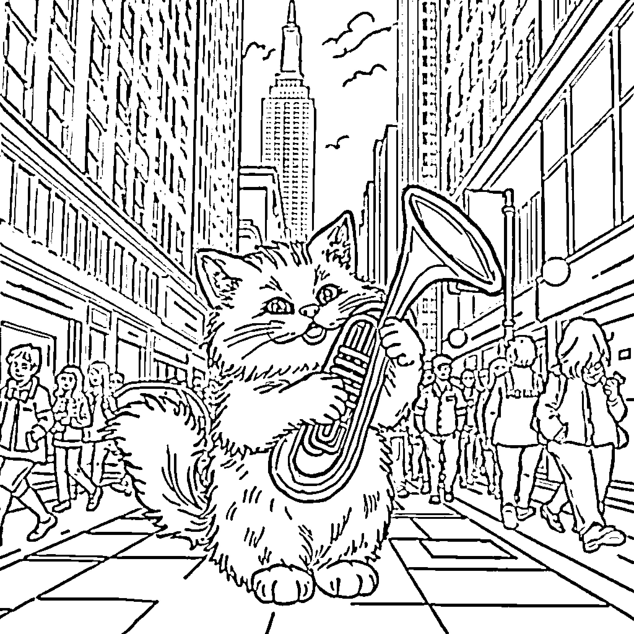 Cat exploring the vibrant city streets Coloring Page (free black-and-white line drawing printable PDF for all, from beginners to advanced learners, including children, teens, adults, and seniors)